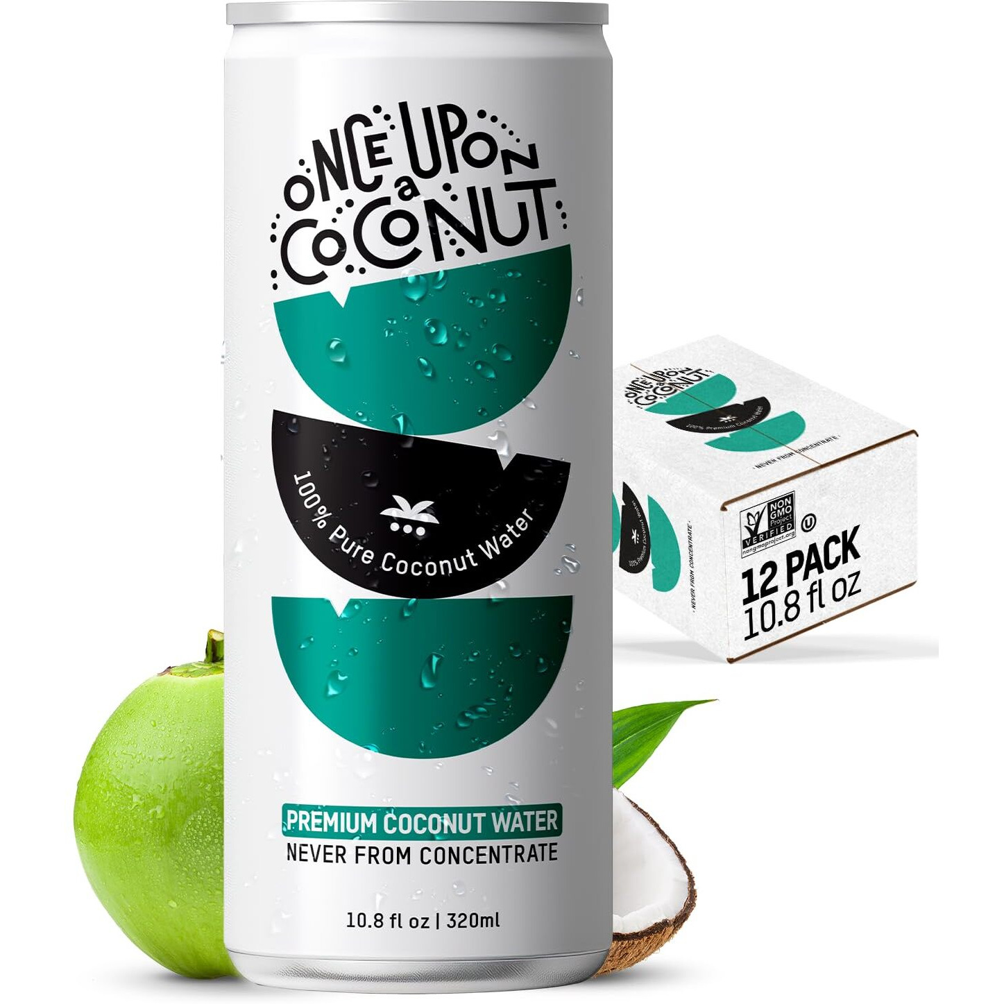 Once Upon A Coconut 100% Pure Coconut Water - Low Calorie All-Natural Drink With Electrolytes - No Added Sugar Or Sweeteners - Non-Gmo - Gluten-Free - Pack Of 12 Cans (Each 10.8 Fl Oz)