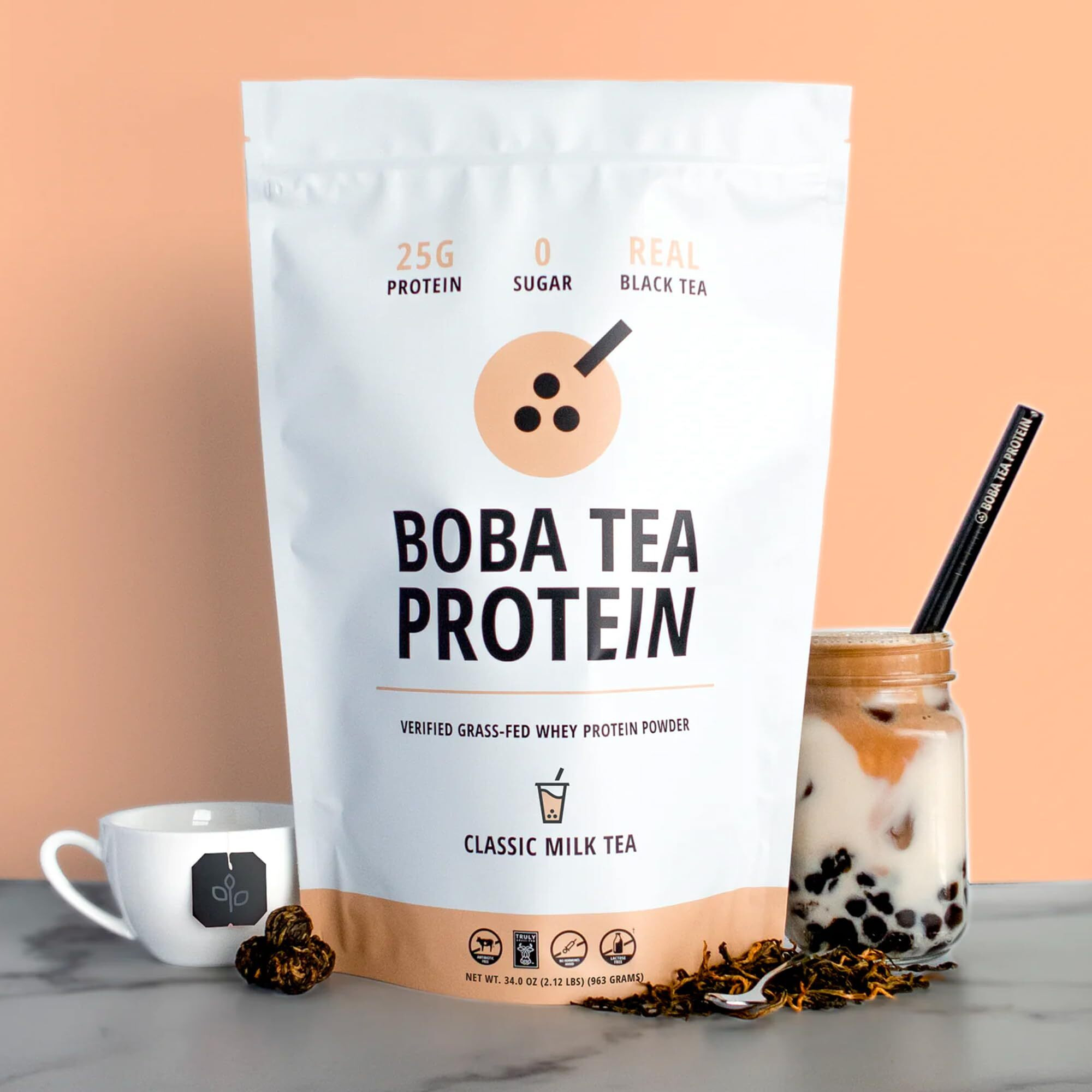 Boba Tea Protein Classic Milk Tea | 25G Grass-Fed Whey Protein Isolate Powder | Gluten-Free & Soy-Free Bubble Tea Protein Drink | Real Ingredients & Lactose-Free Protein Drink | 25 Servings