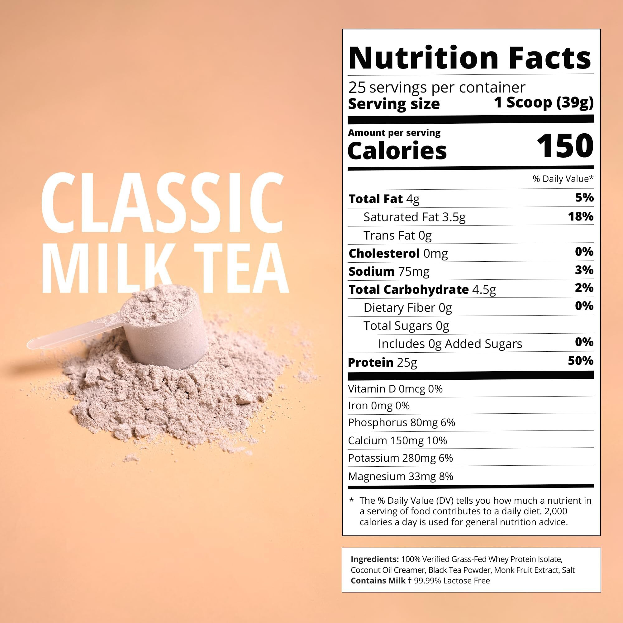 Boba Tea Protein Classic Milk Tea | 25G Grass-Fed Whey Protein Isolate Powder | Gluten-Free & Soy-Free Bubble Tea Protein Drink | Real Ingredients & Lactose-Free Protein Drink | 25 Servings