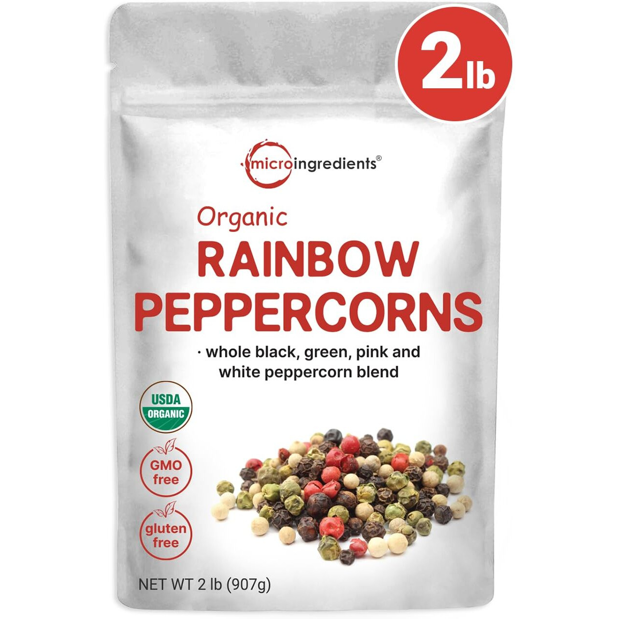 Micro Ingredients Organic Whole Rainbow Peppercorns, 2Lbs | Premium Whole Peppercorns For Grinder Refill | Great For Seasonings, Meats & Vegetables | Additive Free, Non-Gmo, Bulk Supply