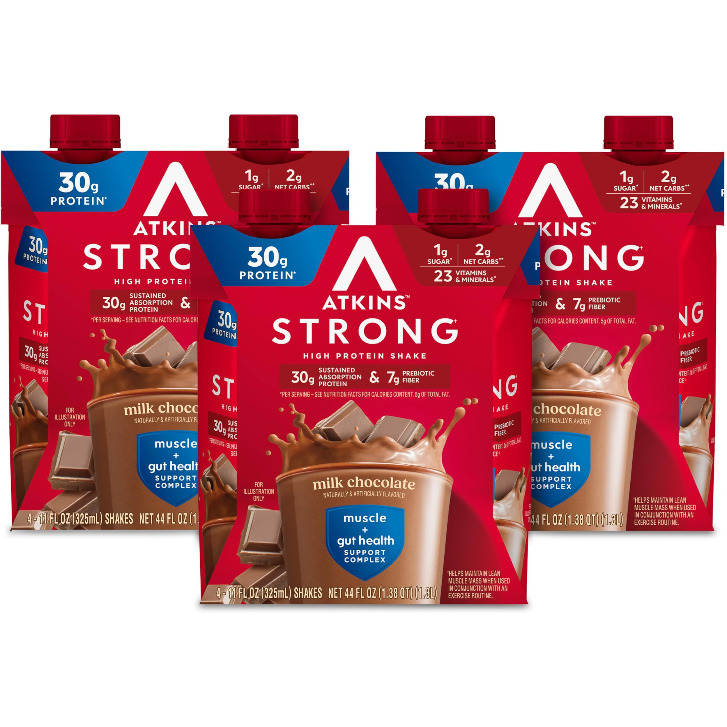 Atkins Strong High Protein Shake, Milk Chocolate, 30G Protein, 7G Prebiotic Fiber, Muscle & Gut Health Support Complex, 12 Count