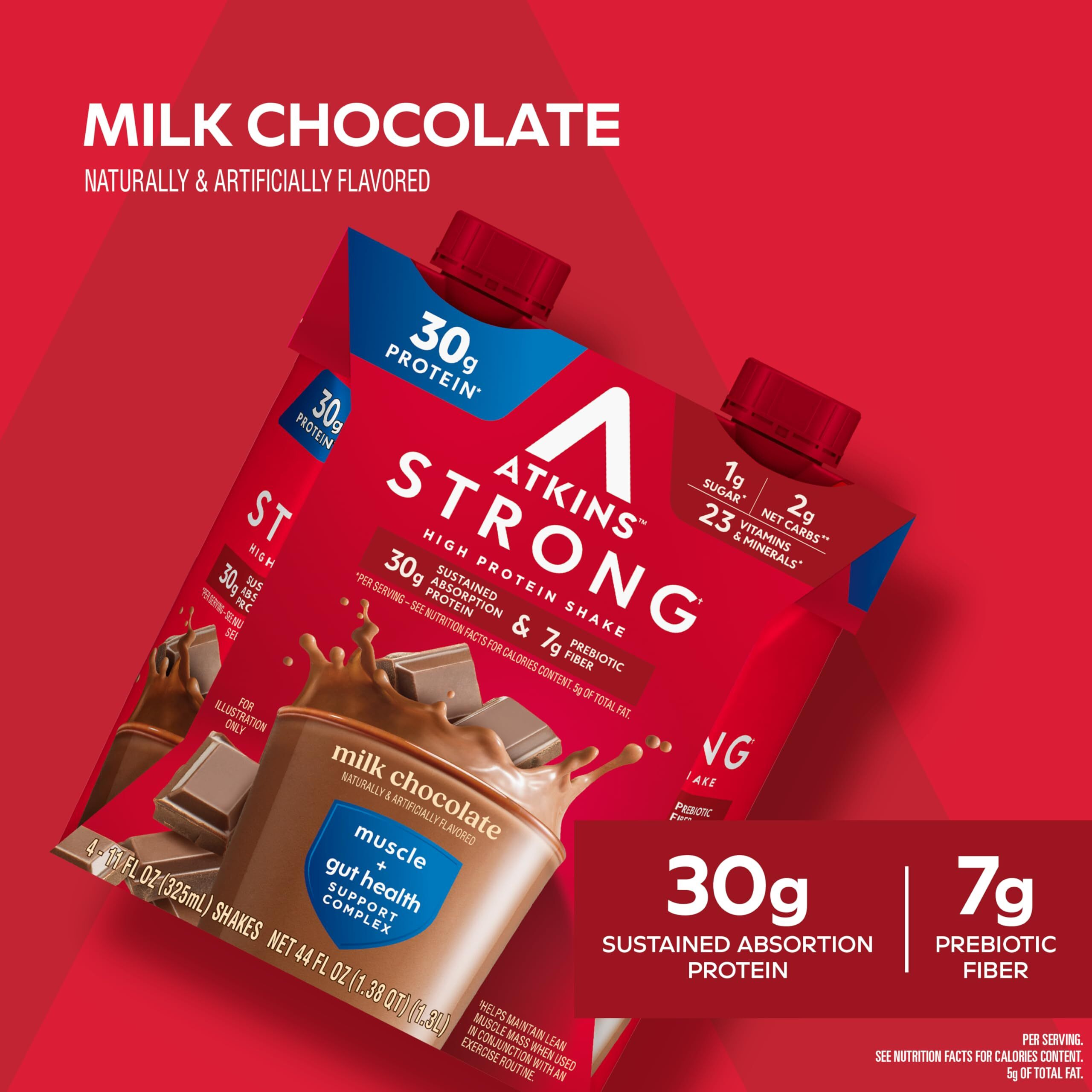 Atkins Strong High Protein Shake, Milk Chocolate, 30G Protein, 7G Prebiotic Fiber, Muscle & Gut Health Support Complex, 12 Count