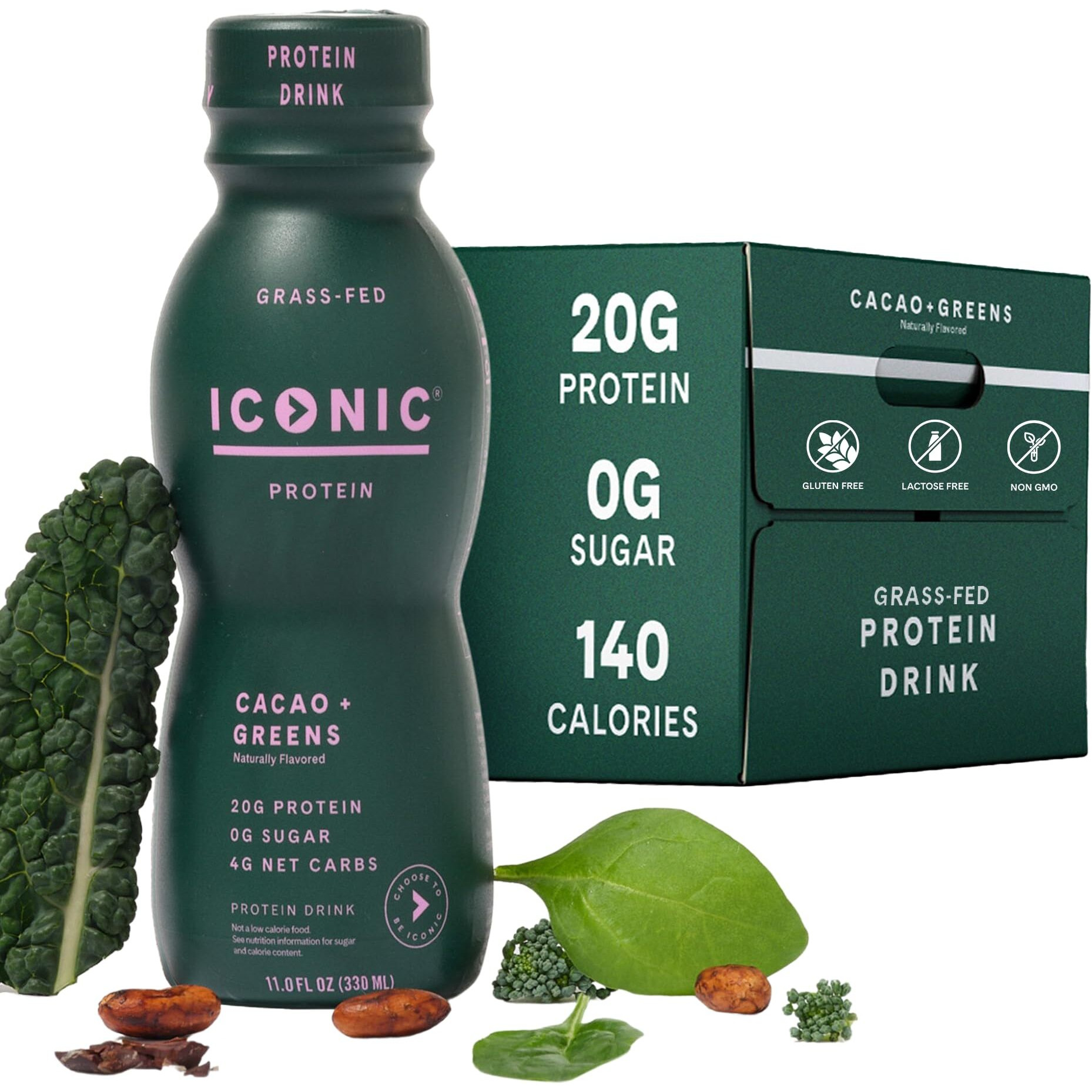 Iconic Protein Drinks, Cacao + Greens (12 Pack) - Sugarfree Protein Shakes With Organic Veggies & Unroasted Cacao - Low Carb, Lactose Free, Gluten Free, Soy Free - Keto Friendly