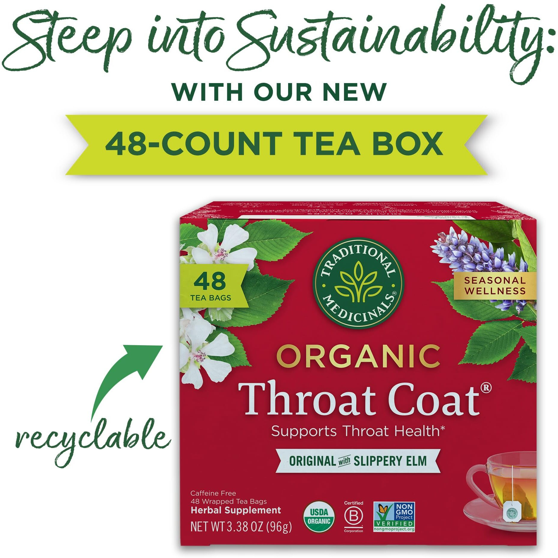 Traditional Medicinals Tea, Organic Throat Coat, Supports Throat Health, 48 Tea Bags