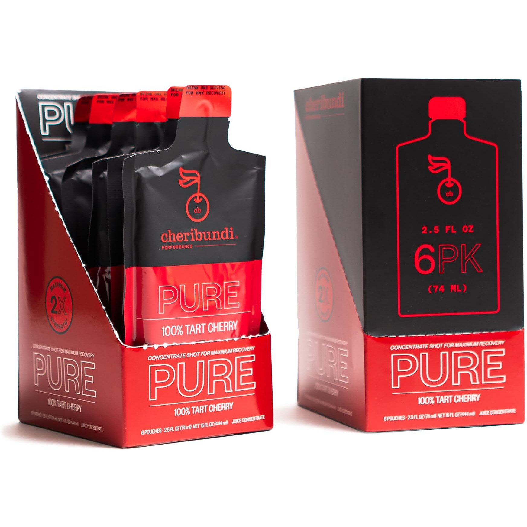 Cheribundi 100% Tart Cherry Juice Pure Performance Concentrate Grab And Go 2.5Oz Pouch For Maximum Recovery With 40 Tart Cherries, 100 Calories, 0 Sugar, 0 Preservatives, Non-Gmo, 12 Pouches