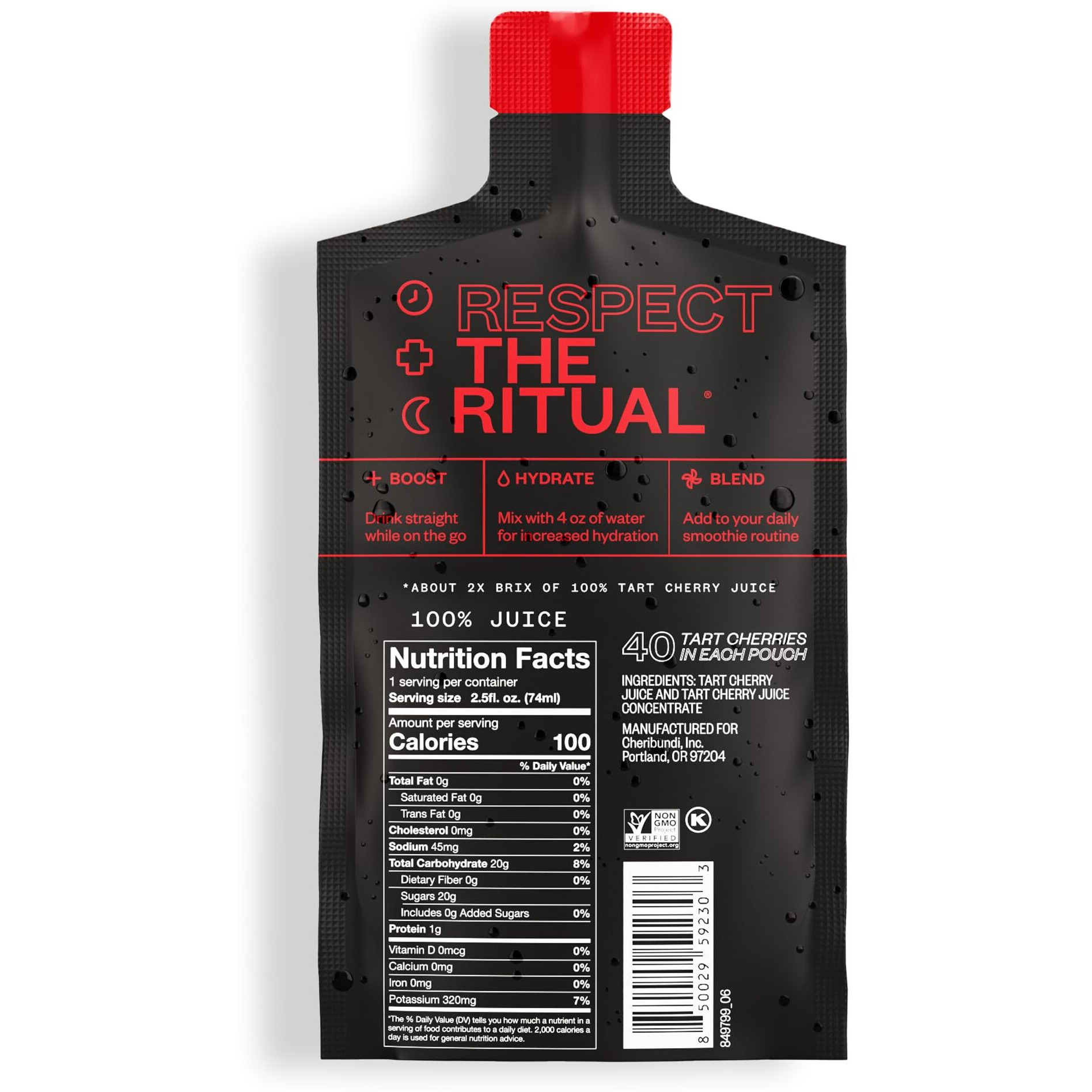 Cheribundi 100% Tart Cherry Juice Pure Performance Concentrate Grab And Go 2.5Oz Pouch For Maximum Recovery With 40 Tart Cherries, 100 Calories, 0 Sugar, 0 Preservatives, Non-Gmo, 12 Pouches