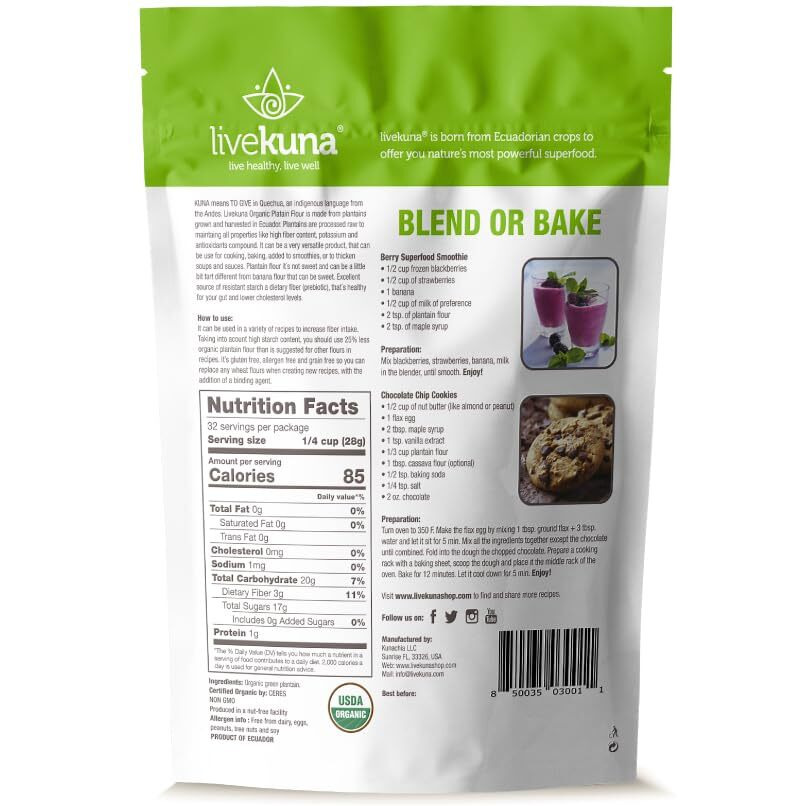Livekuna Organic Plantain Flour - Gluten Free All Purpose Flour Alternative For Baking & Cooking Recipes - Grain Free Vegan Plantain Flour, Rich In Fiber & Vitamins For Keto & Paleo Diets, 32Oz Bag