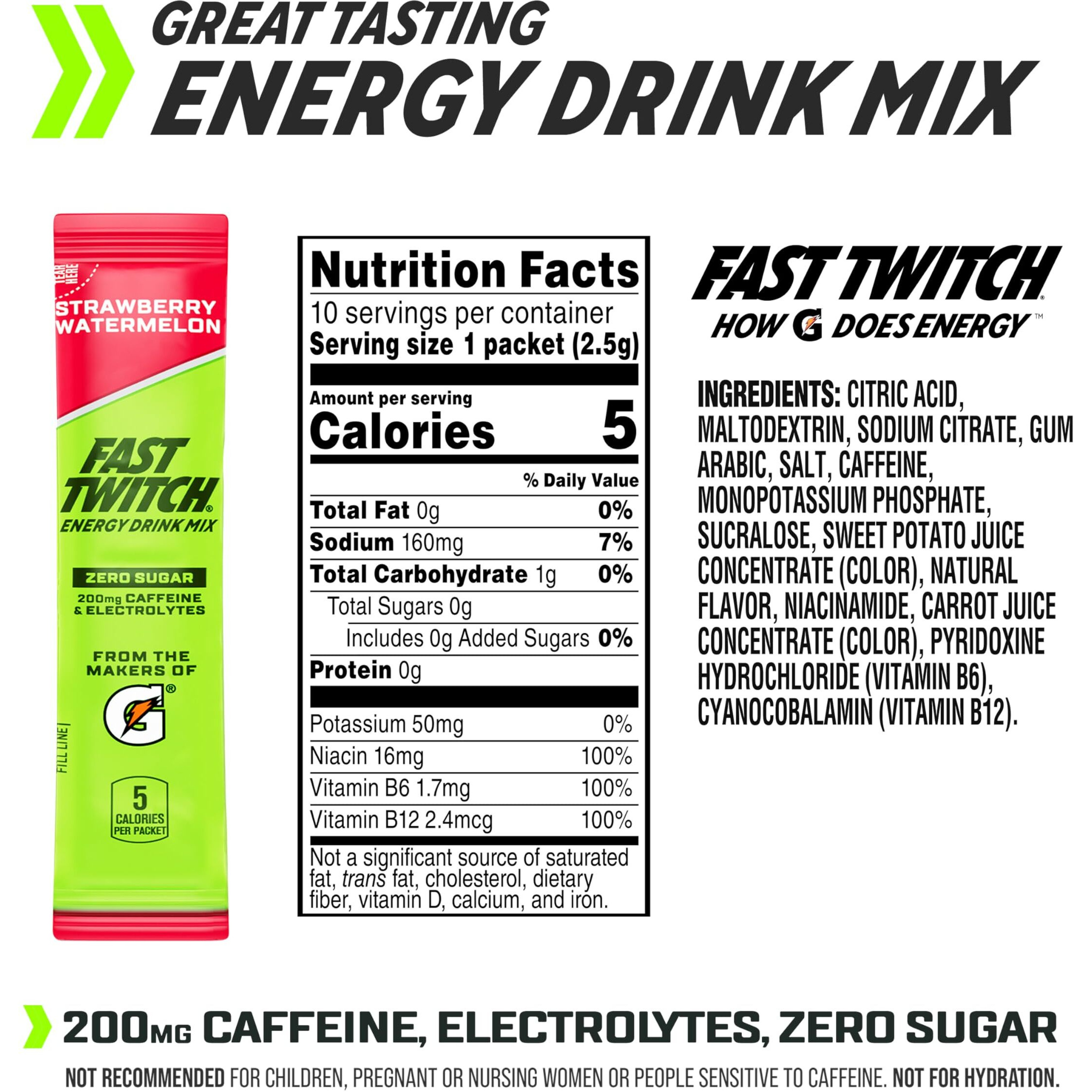 Fast Twitch Energy Drink Mix From Gatorade Powder Sticks, Strawberry Watermelon, 0.08Oz Packets, 10 Pack, Zero Sugar, Electrolytes, Caffeine
