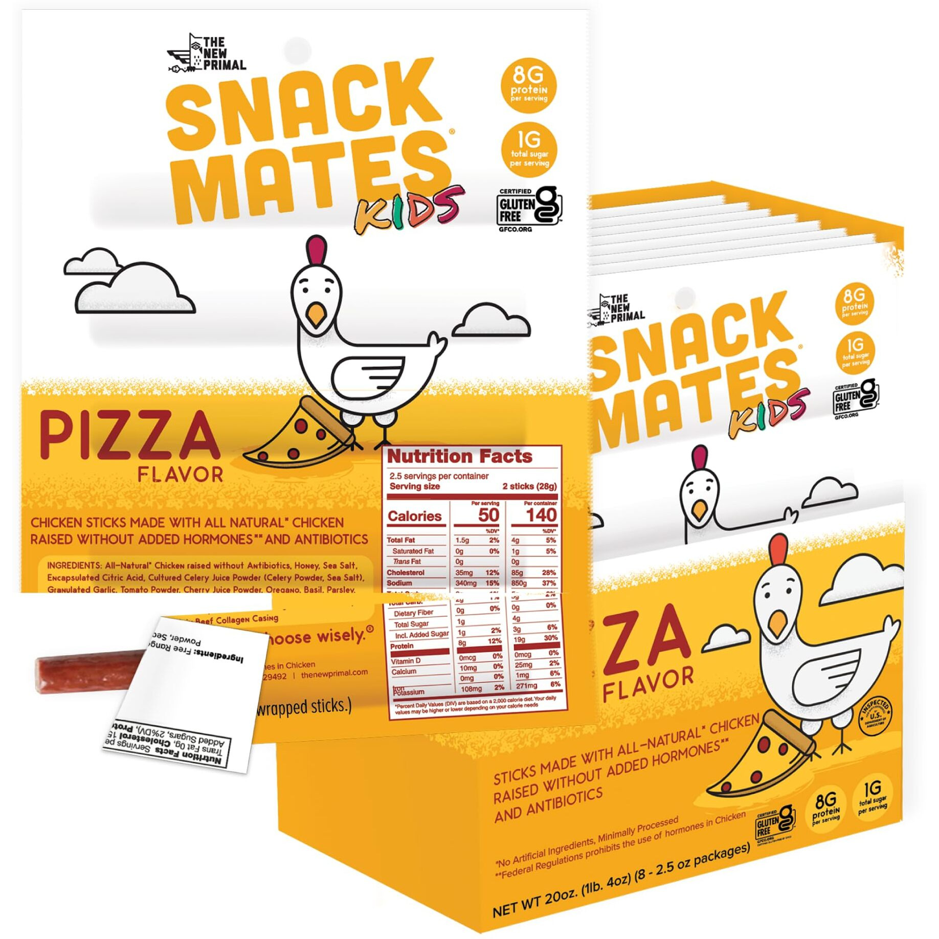 The New Primal Snack Mates Pizza Chicken Sticks, Gluten Free Healthy Snacks For Kids, Low Sugar High Protein Back To School Snacks, Mini Paleo Jerky Meat Stick, 8G Protein, 50 Calories, 40 Pack