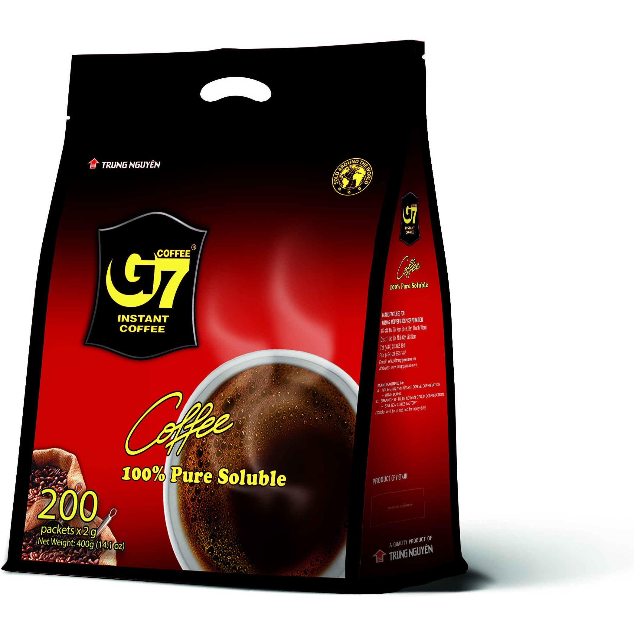 Trung Nguyen G7 Pure Black Instant Coffee For Energy Boost - 100% Soluble Coffee Without Sugar - Strong, Pure & Rich Vietnamese Instant Energy Coffee - Original Taste For Coffee Connoiseurs (200 Sachets/Bag)