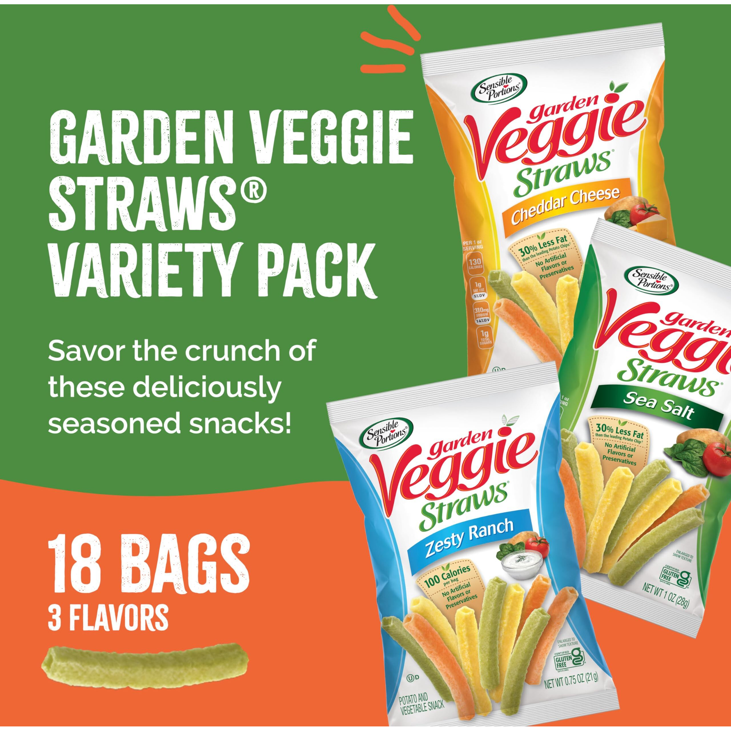 Sensible Portions Veggie Straws Multi-Pack, Sea Salt, Zesty Ranch, And Cheddar Cheese Flavor, Gluten-Free Chips, Individual Snacks, 0.75 Ounce Bag, 18-Pack