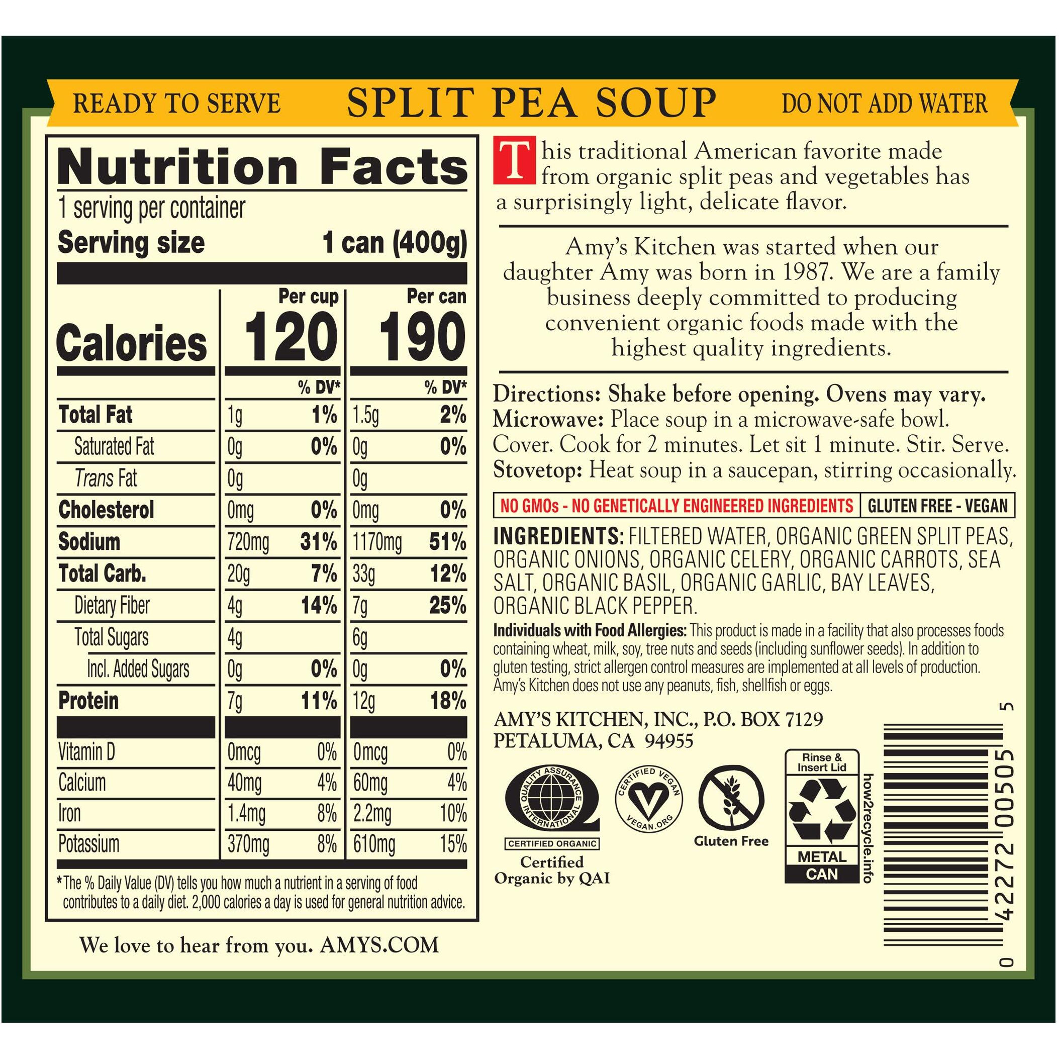 Amy's Soup, Vegan Split Pea Soup, Gluten Free, Made With Organic Split Peas And Vegetables, Canned Soups, 14.1 Oz (12 Pack)