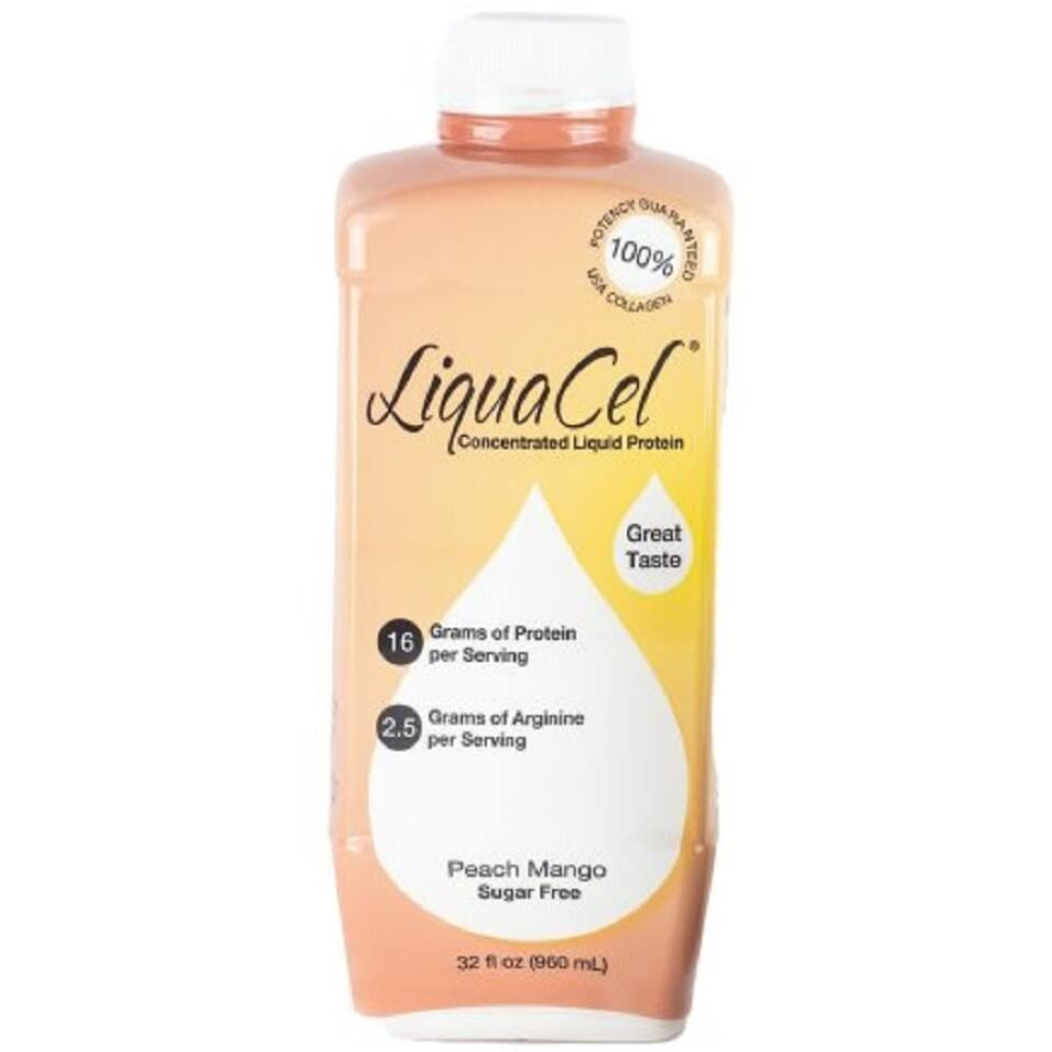 Liquacel Peach Mango Liquid Protein, Sugar & Gluten Free, 32 Oz Bottle, Hydrolyzed Collagen, 16G Protein Per Serving, Ideal For Clear Fluid Diets And Lactose Intolerant Individuals