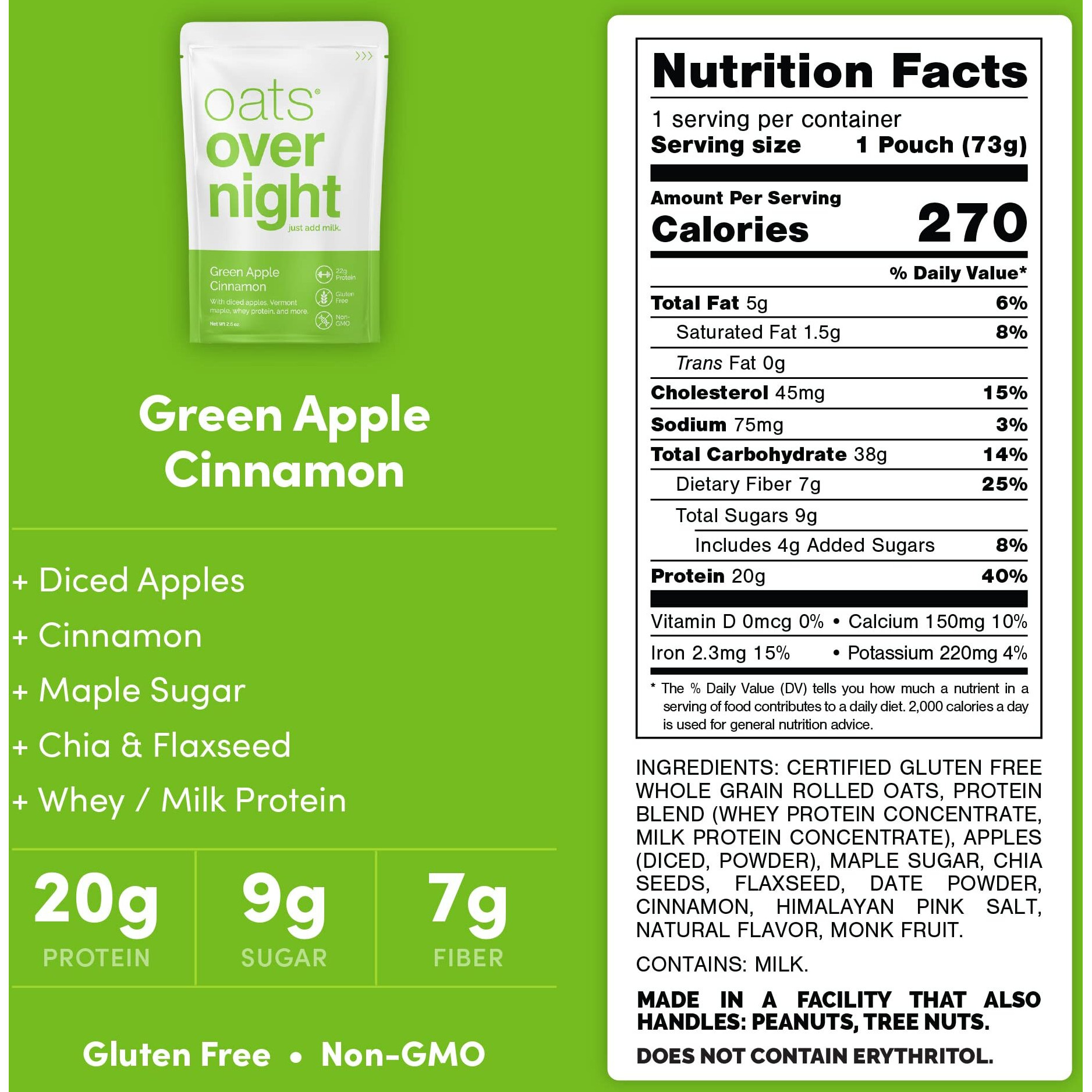 Oats Overnight Green Apple Cinnamon - Overnight Oats With 20G Protein, High Fiber Breakfast Protein Shake - Gluten Free Oatmeal, Non Gmo High Protein Oatmeal (2.6 Oz Per Meal) (8 Pack)