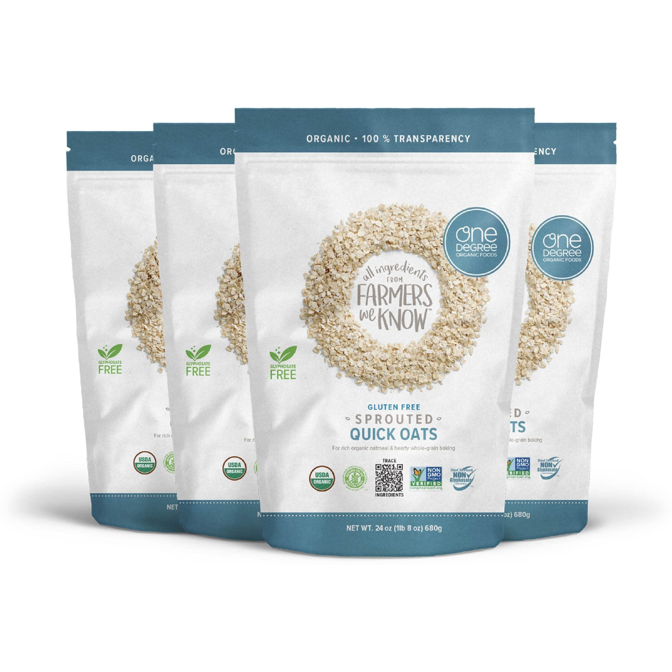 One Degree Organic Foods Sprouted Quick Oats, Usda Organic, Non-Gmo Gluten Free Oatmeal, 24 Oz., 4 Pack