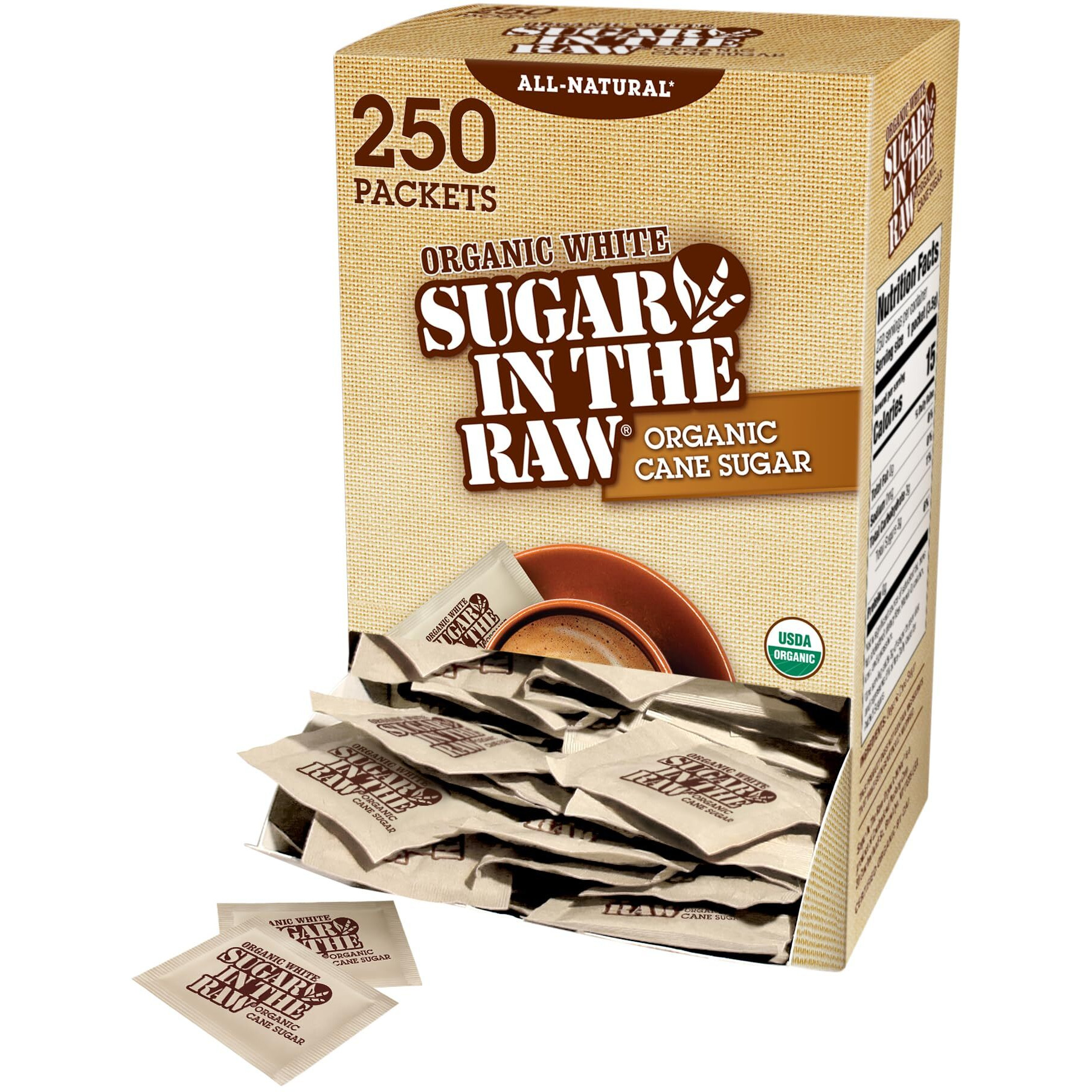Sugar In The Raw Organic Granulated White Premium Cane Sugar, No Added Flavors Or Erythritol, Pure Natural Sweetener, Hot & Cold Drinks, Coffee, Tea Vegan, Gluten-Free, Non-Gmo, Bulk Sugar, 250 Ct Packets (1-Pack)