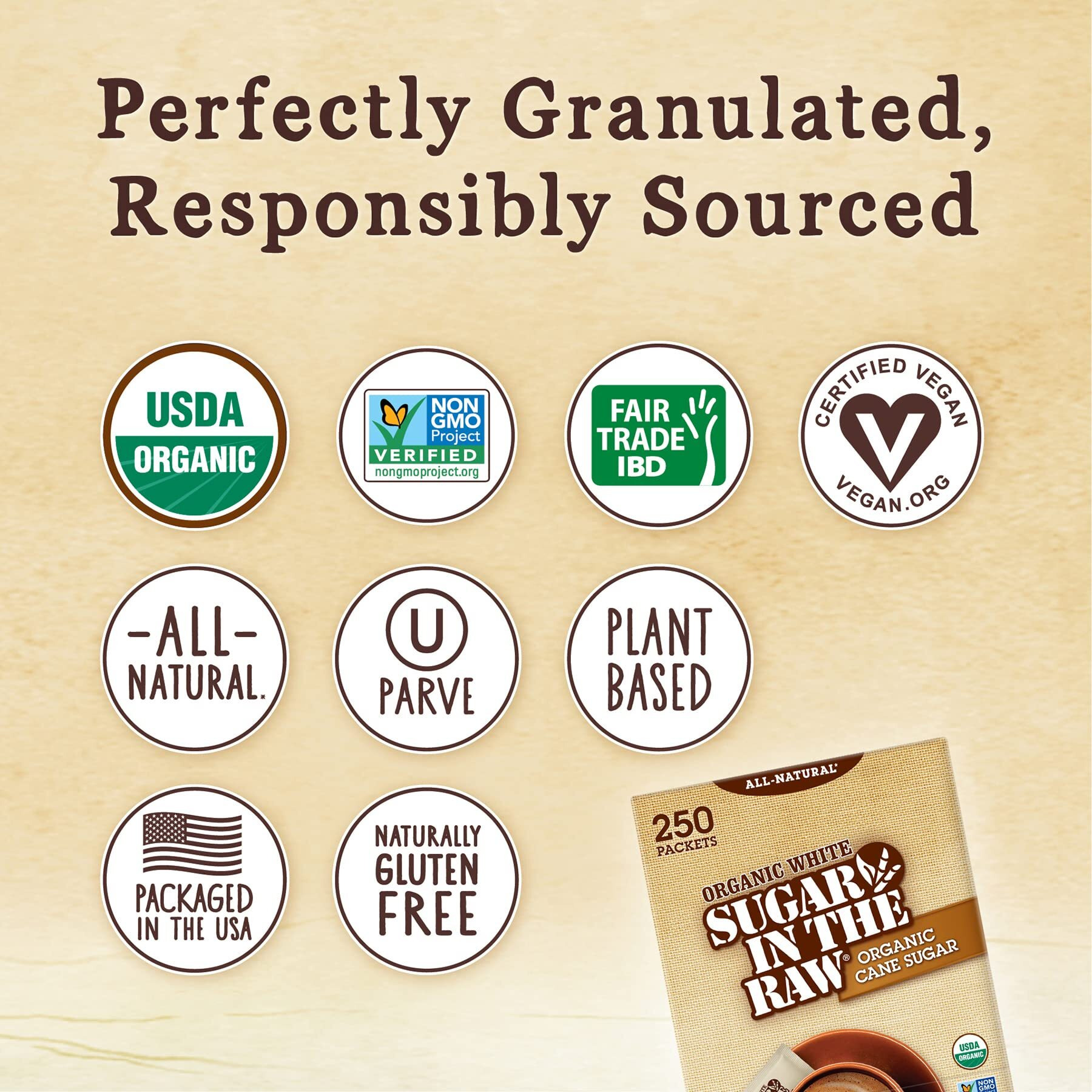 Sugar In The Raw Organic Granulated White Premium Cane Sugar, No Added Flavors Or Erythritol, Pure Natural Sweetener, Hot & Cold Drinks, Coffee, Tea Vegan, Gluten-Free, Non-Gmo, Bulk Sugar, 250 Ct Packets (1-Pack)