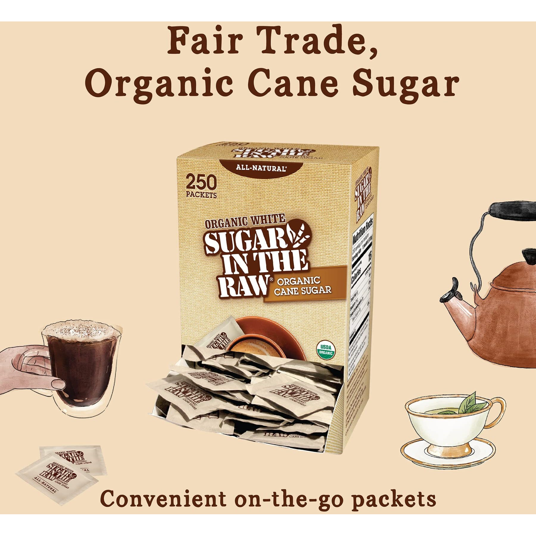 Sugar In The Raw Organic Granulated White Premium Cane Sugar, No Added Flavors Or Erythritol, Pure Natural Sweetener, Hot & Cold Drinks, Coffee, Tea Vegan, Gluten-Free, Non-Gmo, Bulk Sugar, 250 Ct Packets (1-Pack)
