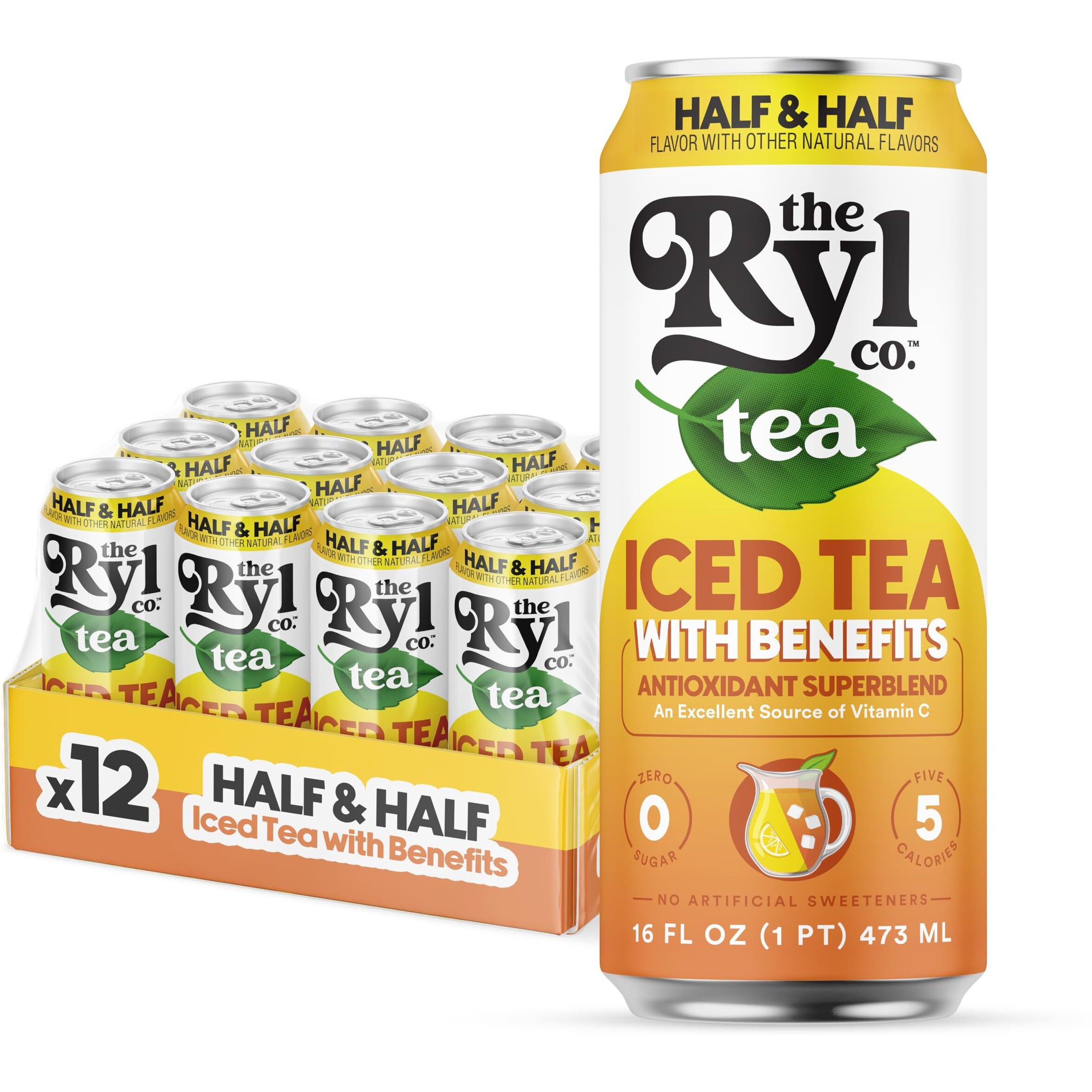Ryl Iced Tea, Half & Half, Antioxidant Superblend, Zero Sugar, Low Carb, Low Calorie Iced Tea, 16.0 Fl Oz (12-Pack)