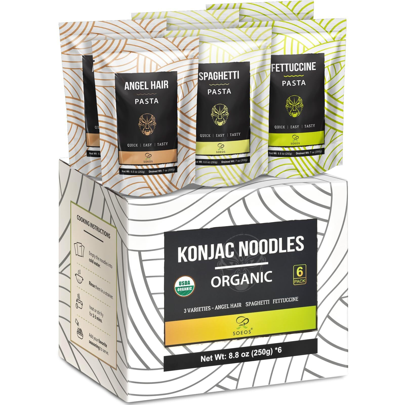 Soeos Konjac Noodles, Organic Shirataki Noodle, Low Calorie, Keto And Paleo Friendly, 3 Variety Noodles, 52.8 Ounce (Pack Of 6)