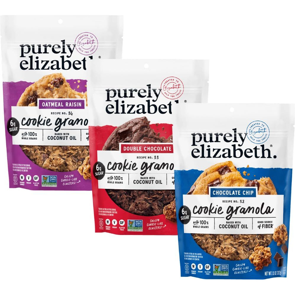 Purely Elizabeth Cookie Granola Variety Pack, Chocolate Chip, Oatmeal Raisin, And Double Chocolate, Gluten-Free, Non-Gmo (3 Ct, 11Oz Bag)