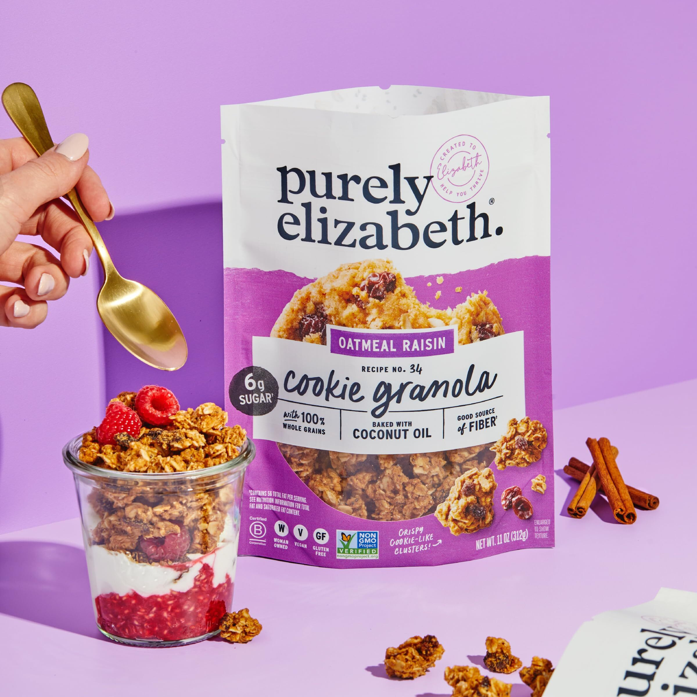 Purely Elizabeth Cookie Granola Variety Pack, Chocolate Chip, Oatmeal Raisin, And Double Chocolate, Gluten-Free, Non-Gmo (3 Ct, 11Oz Bag)
