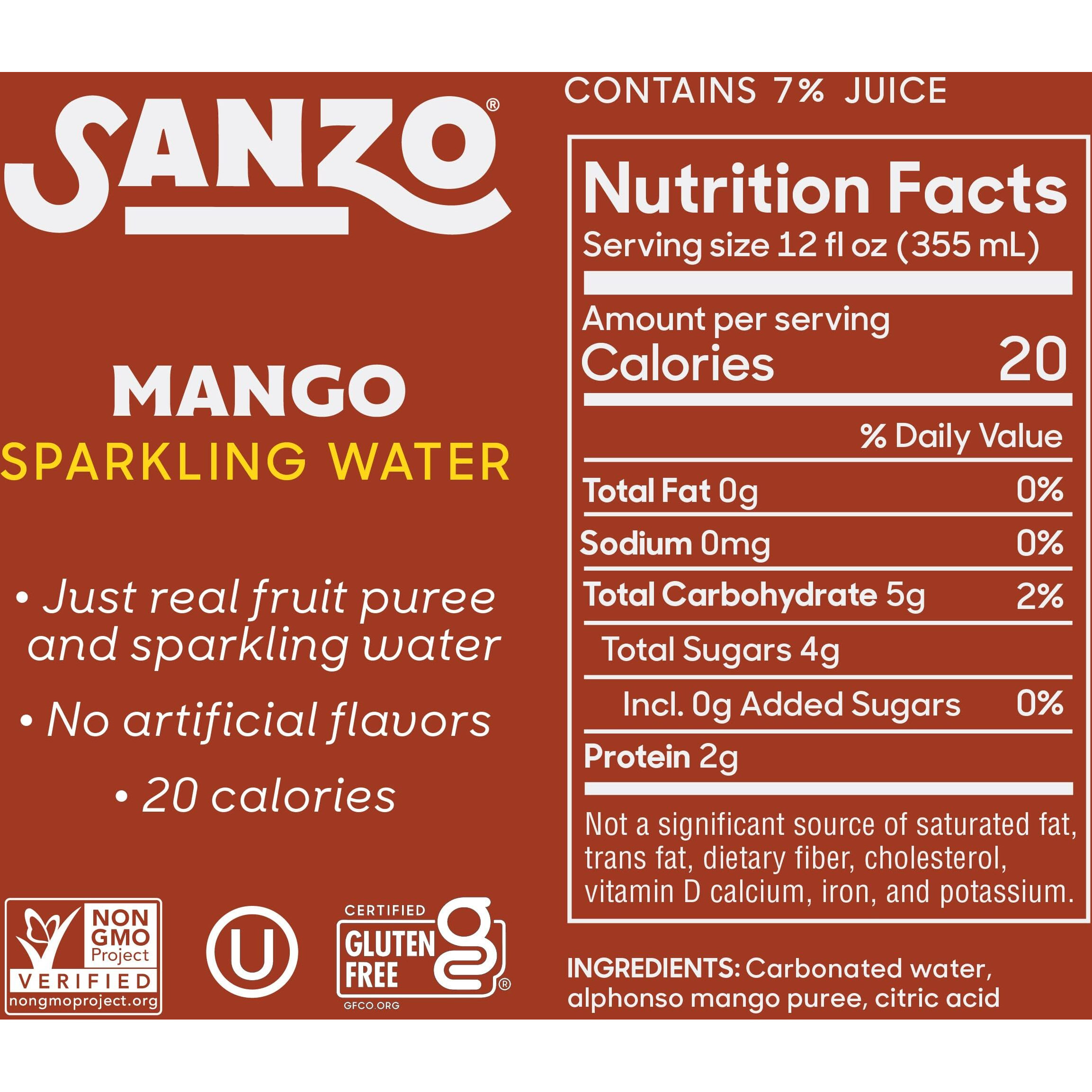 Sanzo Flavored Sparkling Water - Mango (Alphonso), 12-Pack - Carbonated Drink Made With Real Fruit & Sugar-Free - Non-Gmo, Gluten-Free & Vegan - 12 Fl Oz Cans - Radiant Orange, Sweeter & Less Fibrous