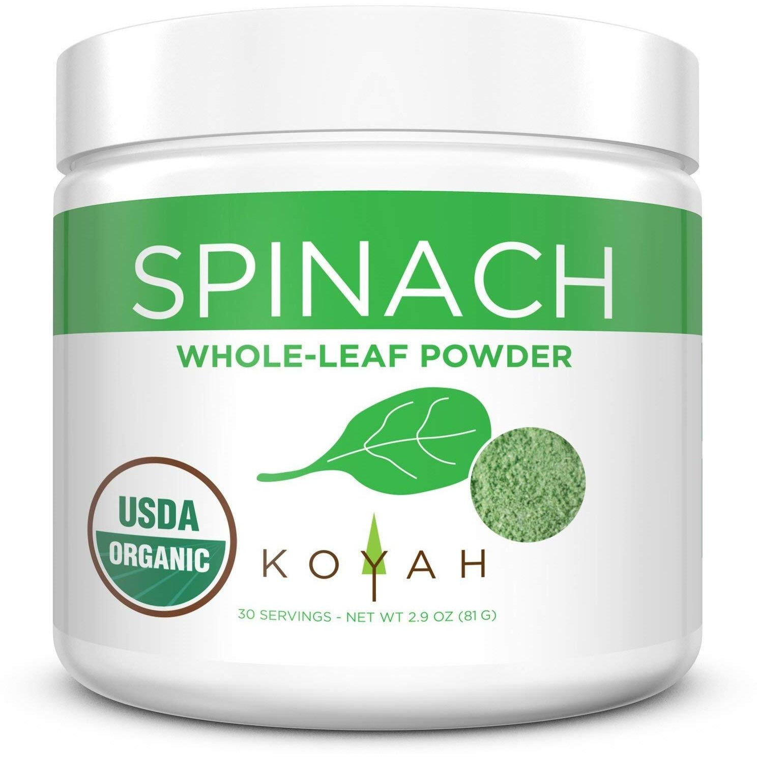 Koyah - Organic Usa Grown Spinach Powder (Equivalent To 30 Cups Fresh) Freeze-Dried, Whole-Leaf Powder