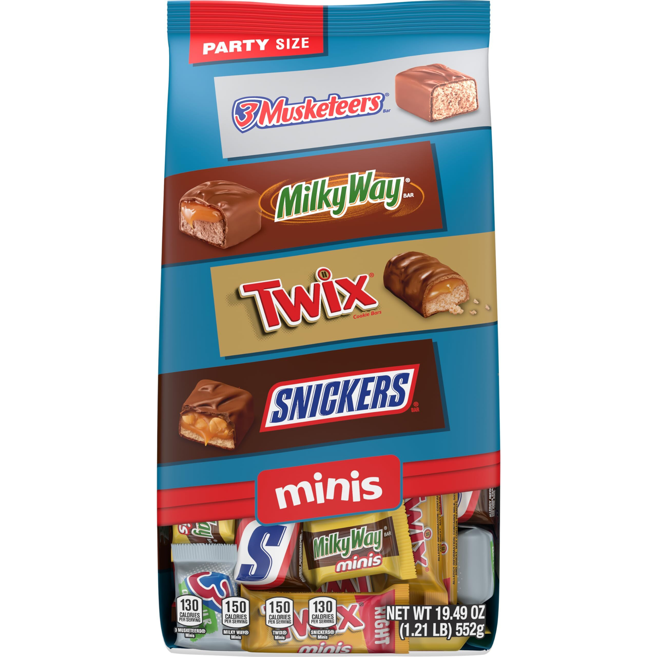 Snickers, Twix, Milky Way & 3 Musketeers Minis Milk Chocolate Bars Variety Pack, Party Size, 19.49 Oz Bulk Bag