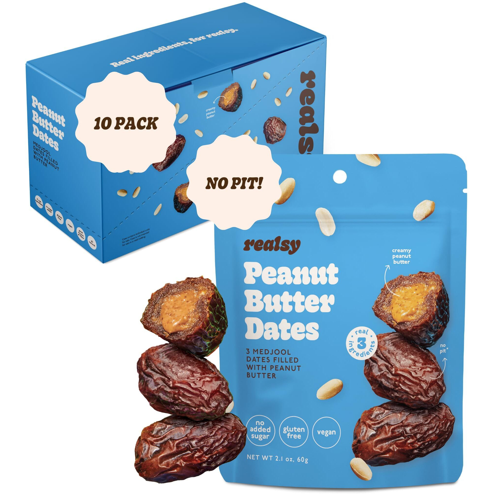 Realsy Peanut Butter Filled Medjool Dates, Organic Dates With No Sugar Added, Gluten-Free, Vegan, Good Source Of Fiber, Low Glycemic Index, All Natural Healthy Snack, (10 Pack)