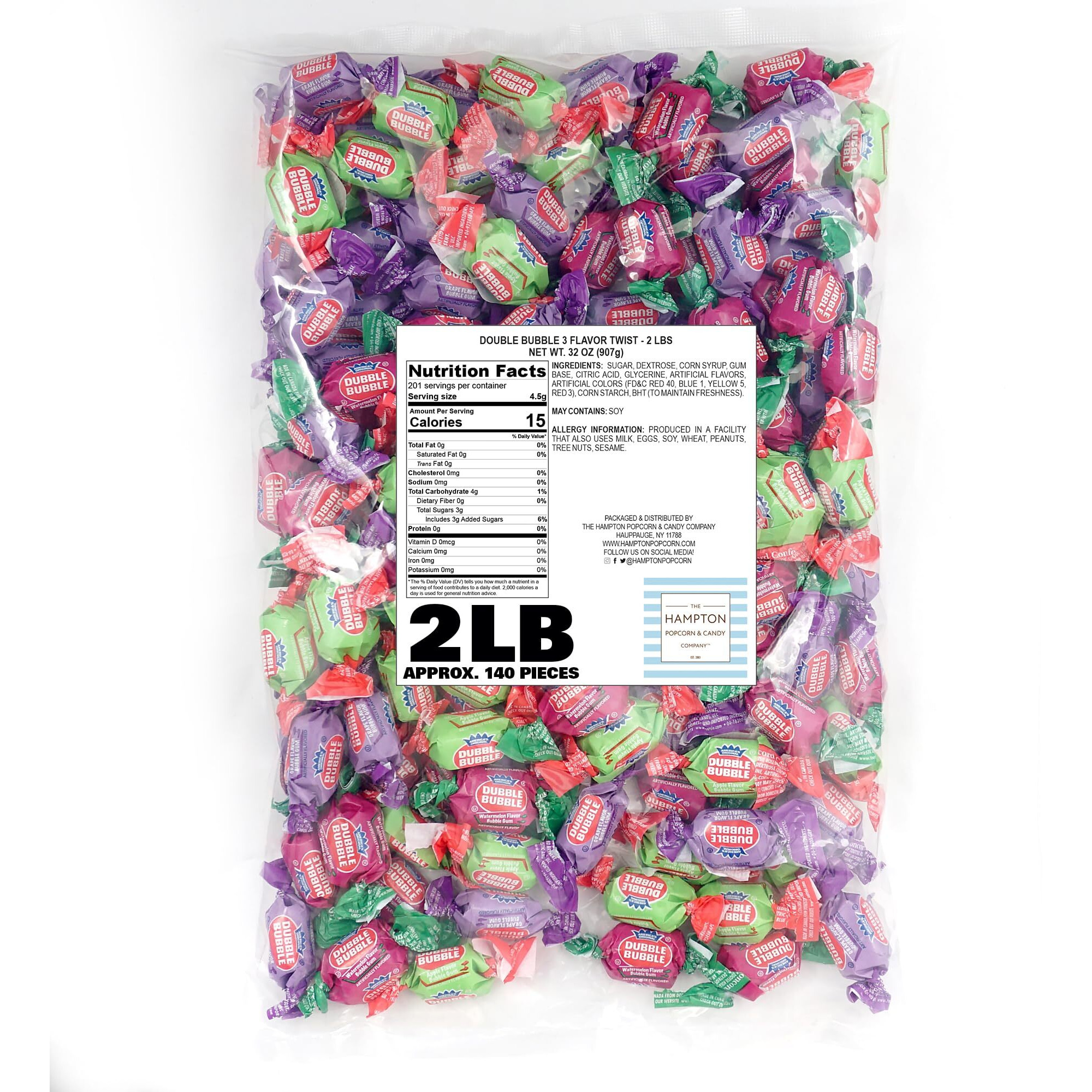 Dubble Bubble Assorted Fruit Flavored Gum - 2 Pound Bulk Bag (Approx. 140 Pieces) - Individually Wrapped Gum - The Hampton Popcorn & Candy Company (Assorted Fruit Flavored - Multi Colored)