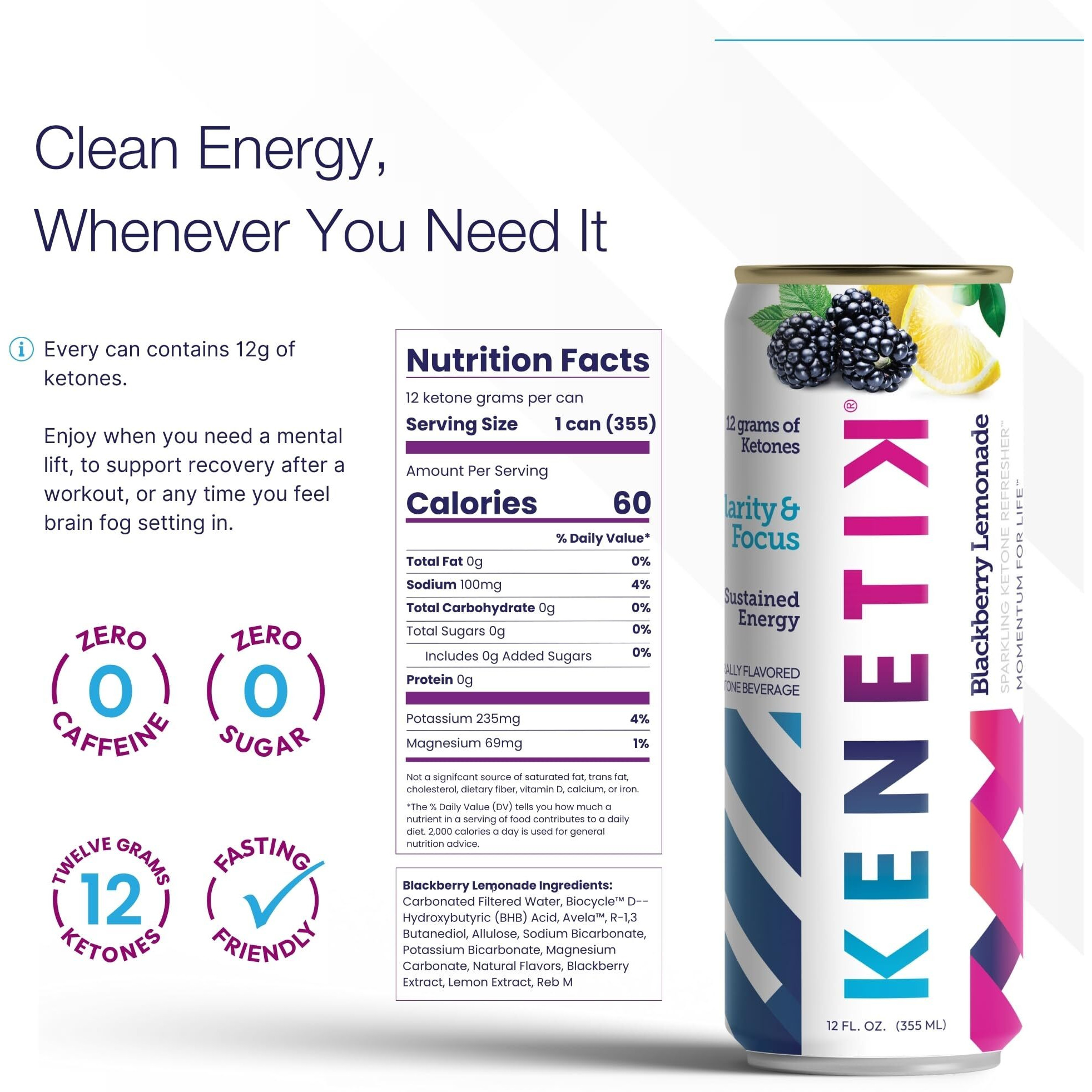 Kenetik Nootropic Ketone Drink, Ketones For Energy & Focus, Caffeine & Sugar Free, High Performance D-Bhb Ketone Mix, Fuel W/Zero Crash Or Jitters, Ready To Drink - Strawberry Peach 12 Pk