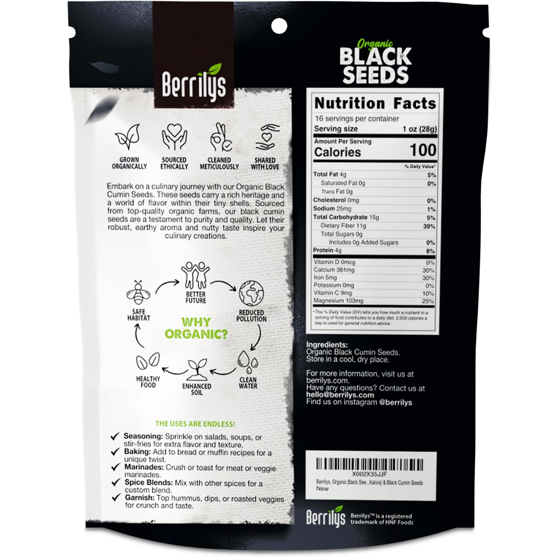 Berrilys Black Cumin Seeds - Usda Organic Nigella Sativa, Kalonji, Great For Use As Herbs, Seasoning, Baking, Cooking - Versatile Use, Rich In Nutrients - 16Oz