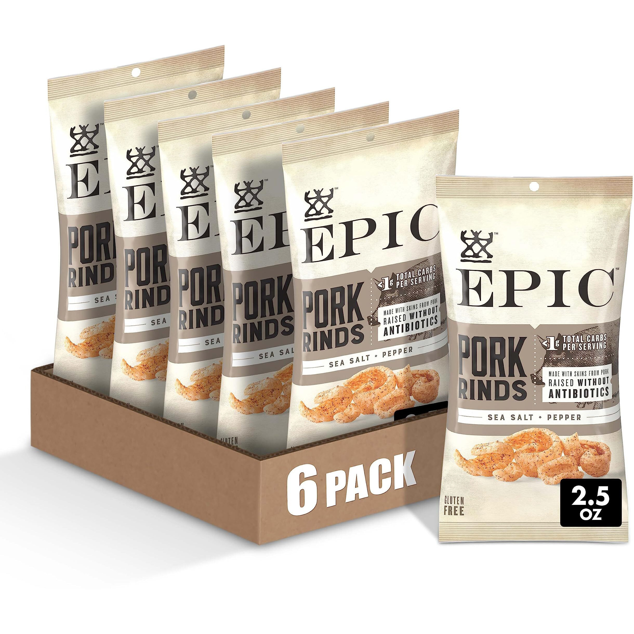 Epic Sea Salt & Pepper Pork Rinds, Keto Friendly, Paleo Friendly, 2.5 Oz (Pack Of 6)
