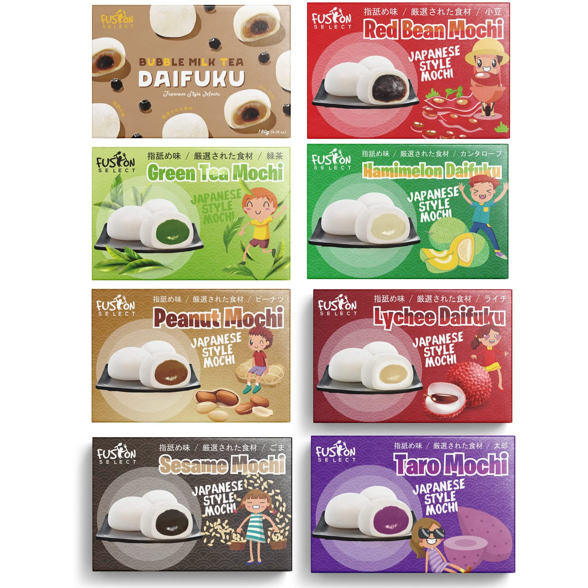 Japanese Mochi 8 Variety Pack Boba Milk Tea, Taro, Sesame, Hamimelon, Lychee, Green Tea, Peanut & Red Bean In Fusion Select Gift Box