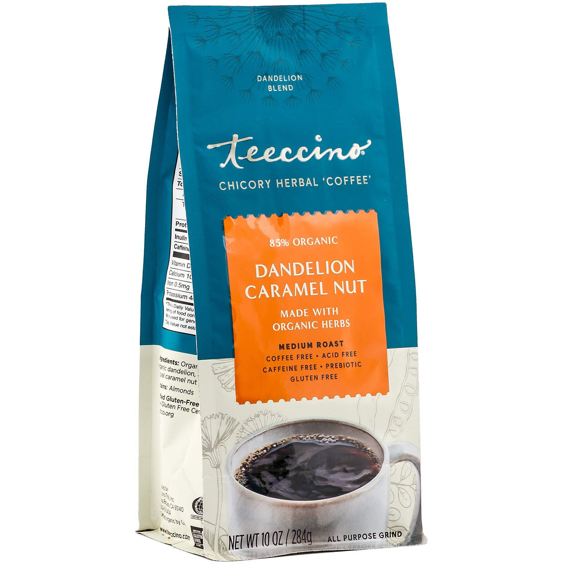 Teeccino Dandelion Caramel Nut Herbal Coffee - Caffeine-Free Coffee Alternative With Prebiotics, Gluten Free, Acid Free - Medium Roast, 10 Oz