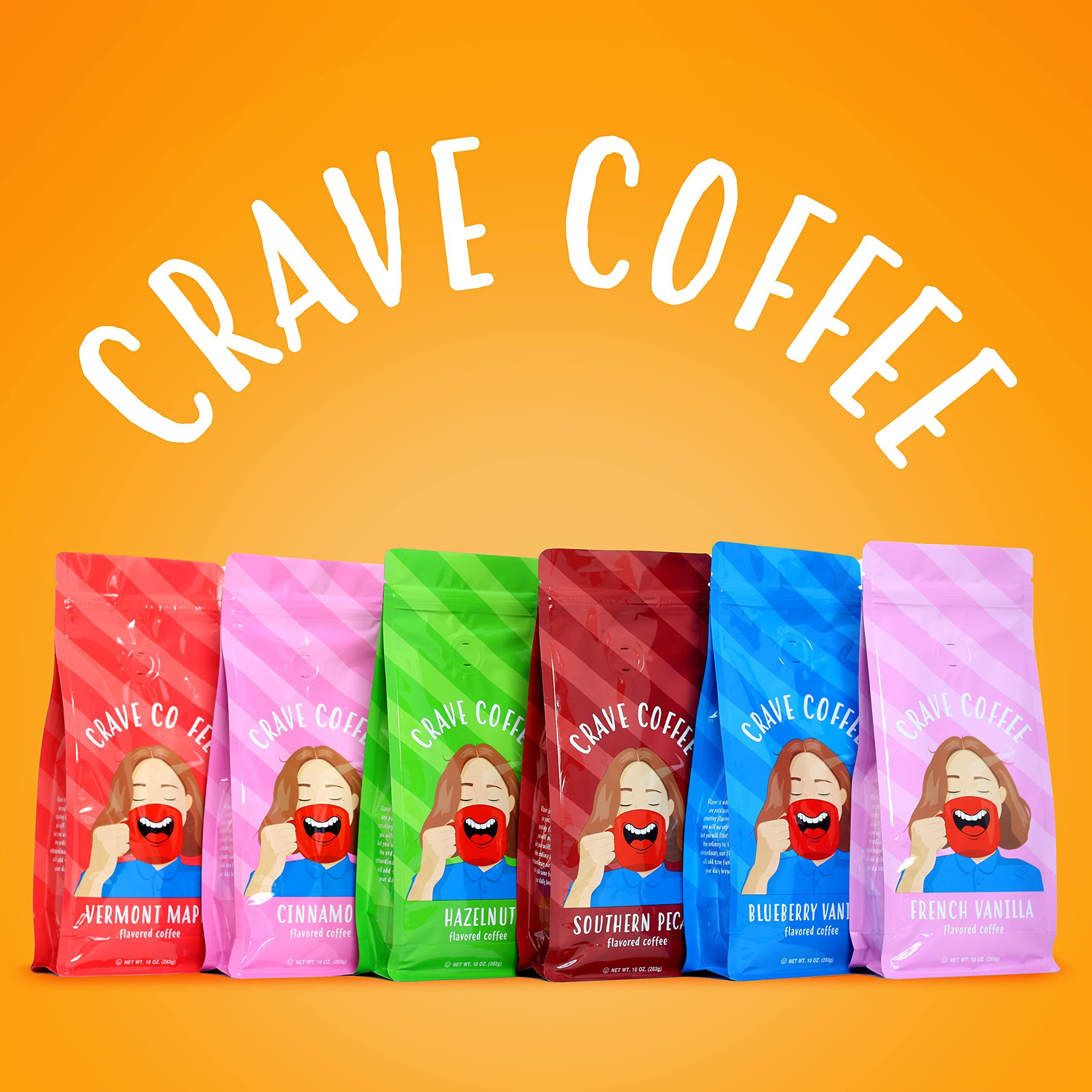 Crave Beverages Ground Coffee Bags Assorted Flavored Variety Pack, 10 Oz, Pack Of 6