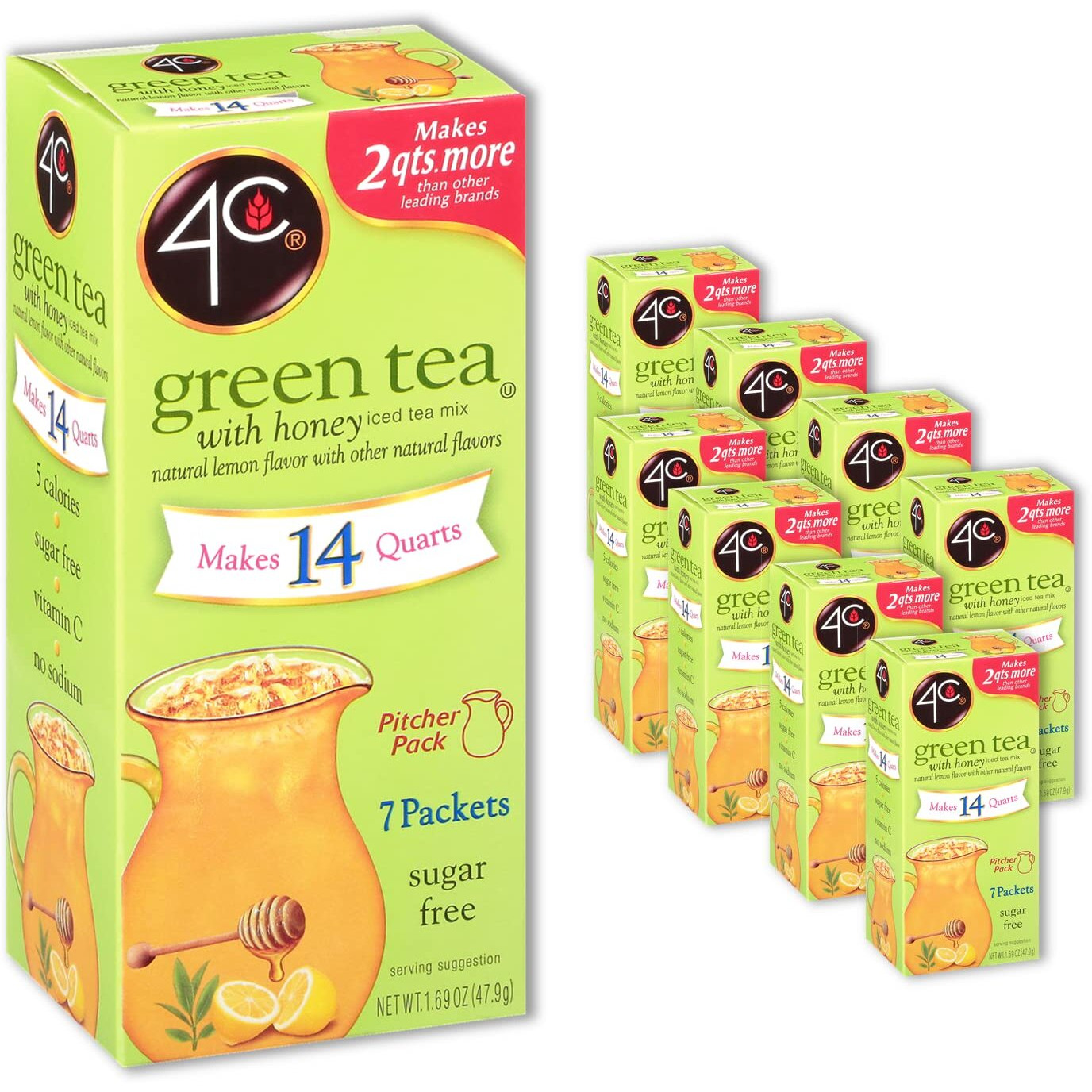 4C Pitcher Packs, Green Tea 8 Pack, Makes 14 Quarts, Sugar Free Powder Drink Mix, Refreshing Water Flavorings, Makes 2 Quarts Each Packet