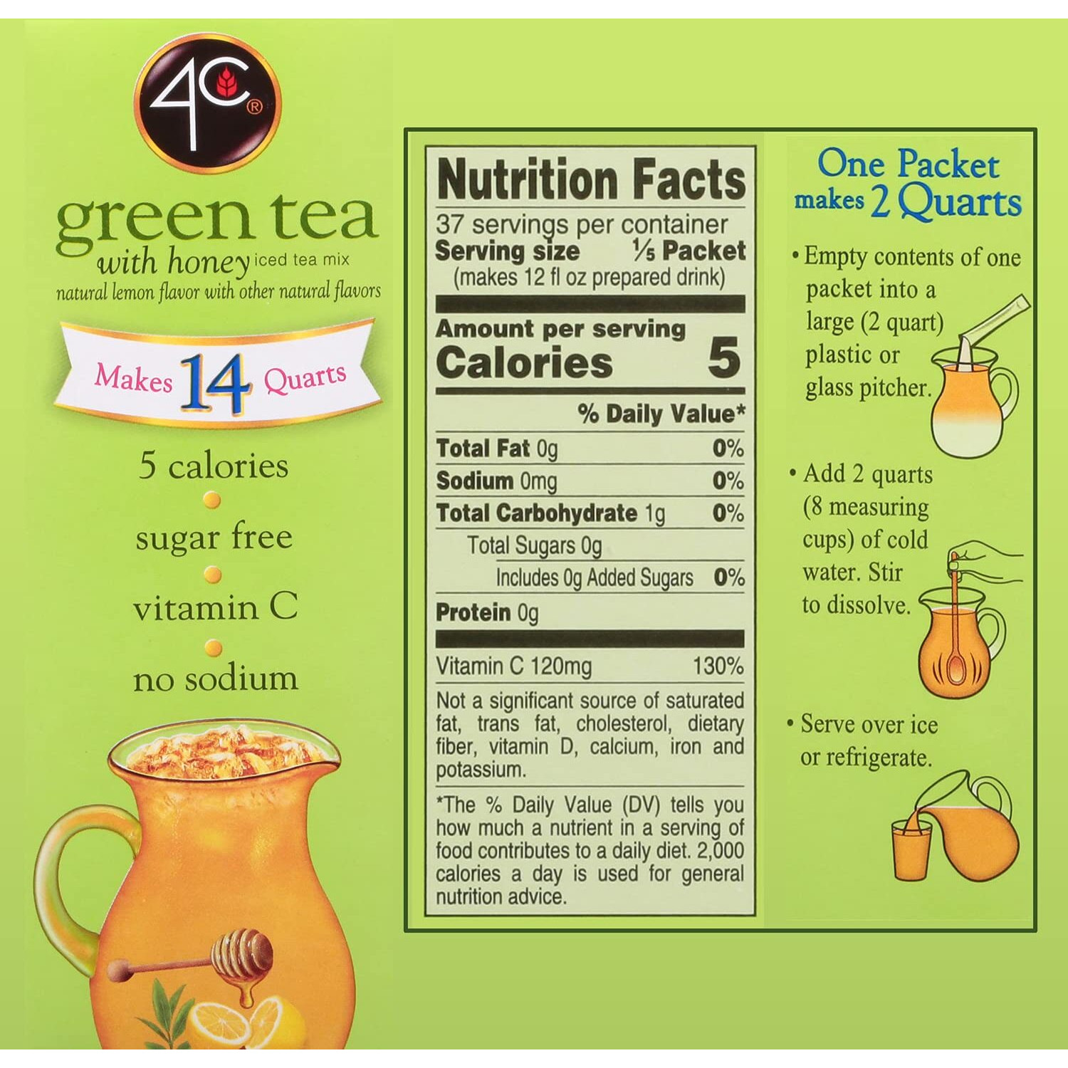 4C Pitcher Packs, Green Tea 8 Pack, Makes 14 Quarts, Sugar Free Powder Drink Mix, Refreshing Water Flavorings, Makes 2 Quarts Each Packet