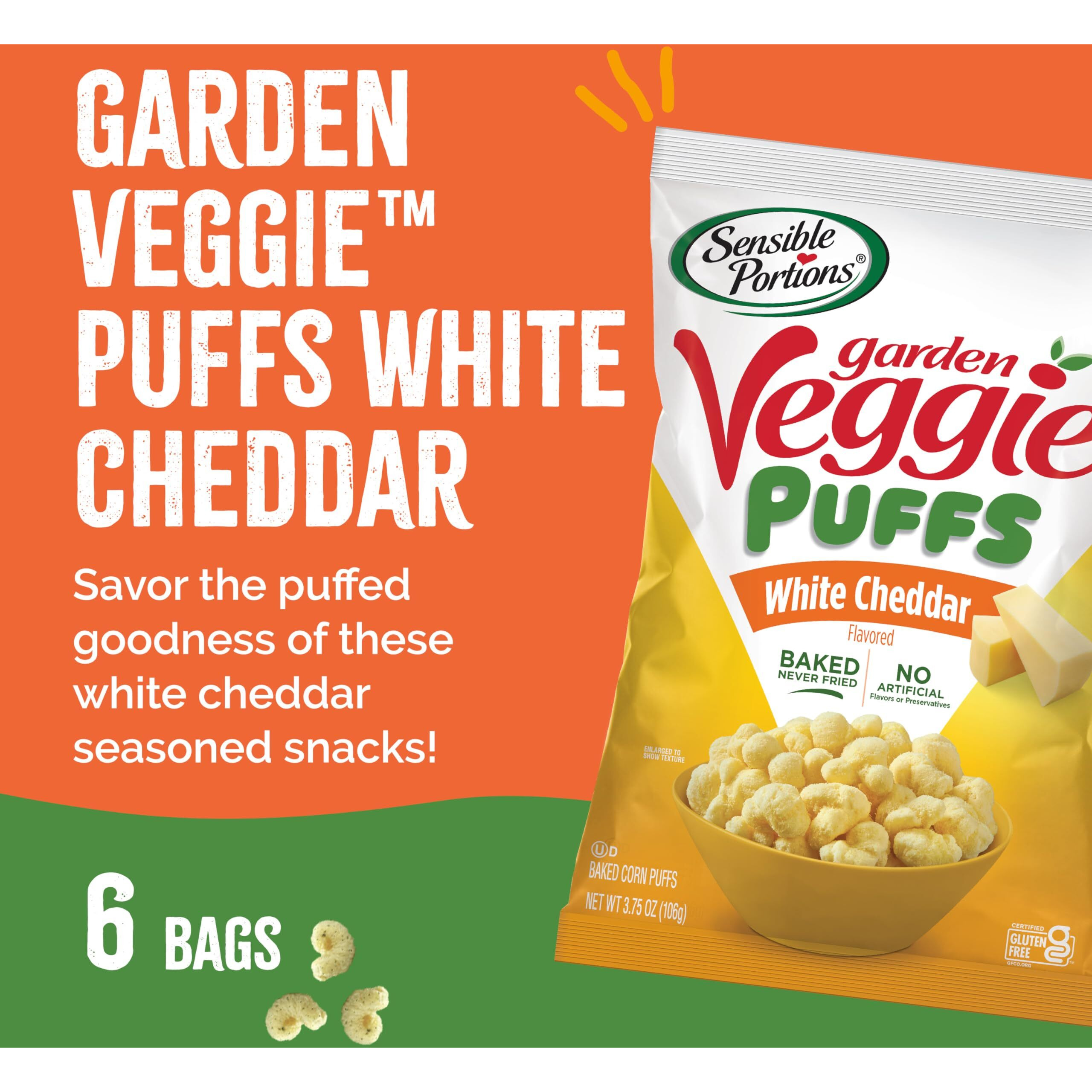 Sensible Portions Veggie Puffs, White Cheddar Flavor, Gluten-Free Chips, 3.75 Ounce Bag, 6-Pack