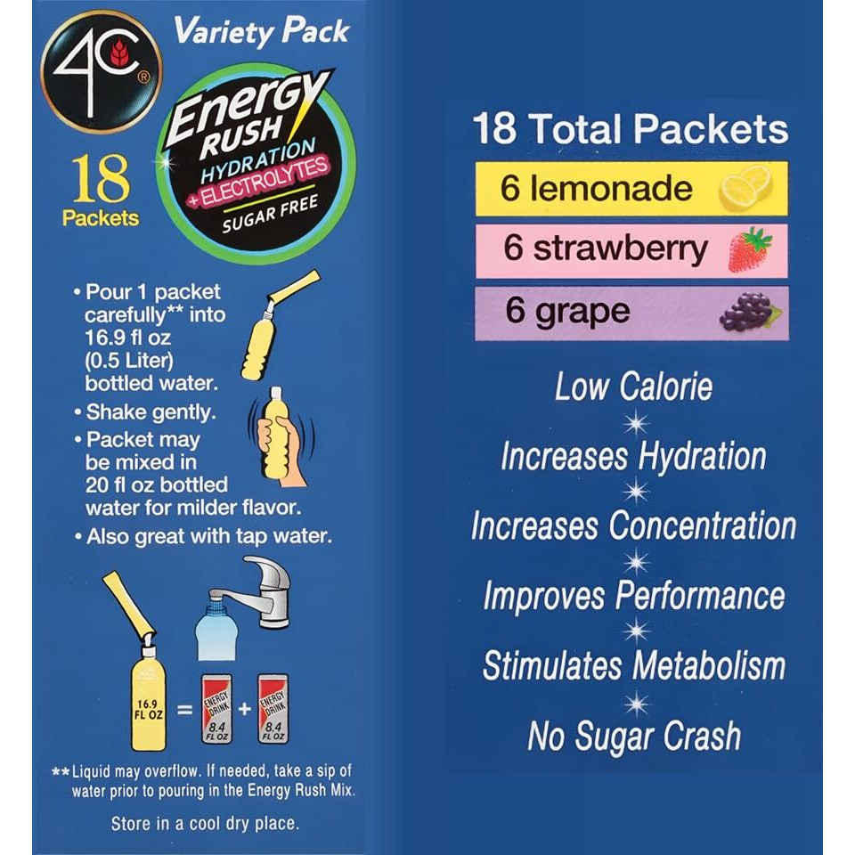 4C Energy Rush Psd With Electrolytes 18Ct Variety Pack Stix (Lemonade/Strawberry/Grape - 6 Of Each Stix)