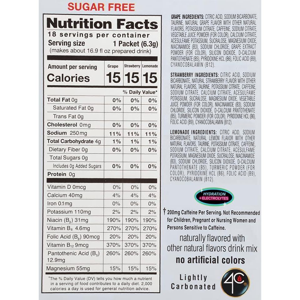 4C Energy Rush Psd With Electrolytes 18Ct Variety Pack Stix (Lemonade/Strawberry/Grape - 6 Of Each Stix)