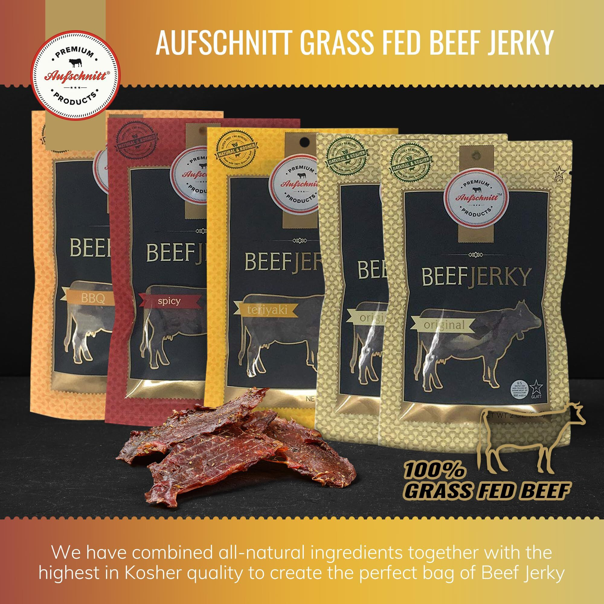 Aufschnitt Grass Fed Beef Jerky - Low Sodium, Certified Kosher - Halal And Keto Friendly - 5 Pack, Variety Pack