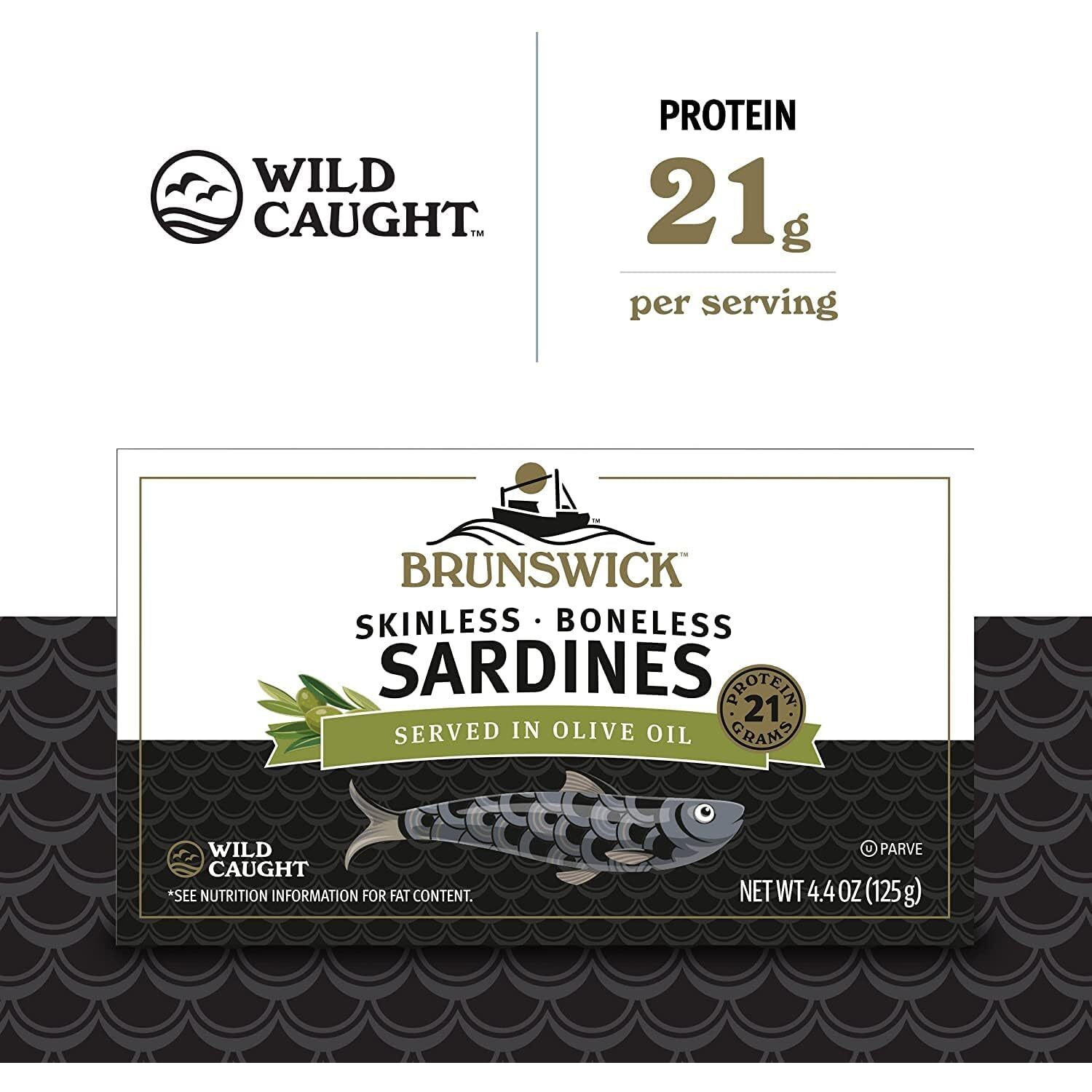 Brunswick Wild Caught Skinless And Boneless Sardines, Served In Olive Oil, 4.4 Ounce (Pack Of 12)