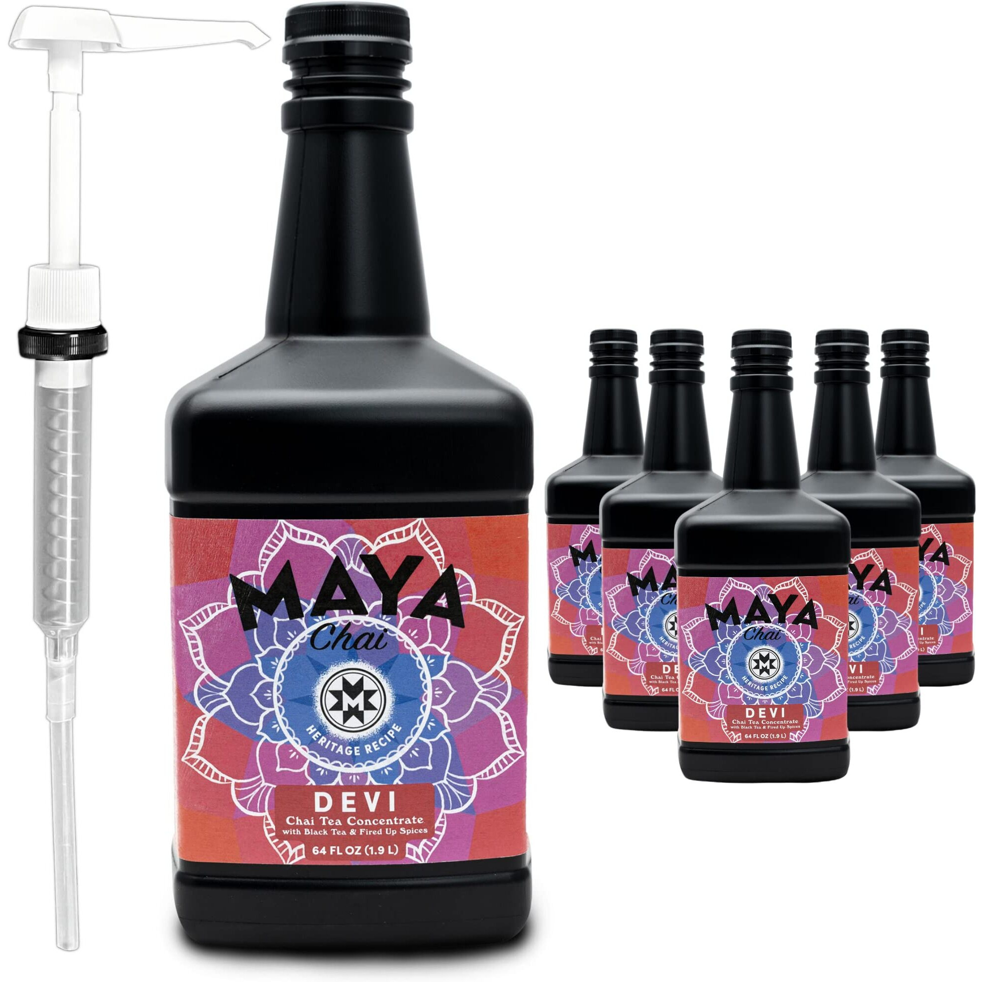 Maya Chai Tea Concentrate, Heritage Recipe, Devi, 64 Ounce (Pack Of 6) With White Pump
