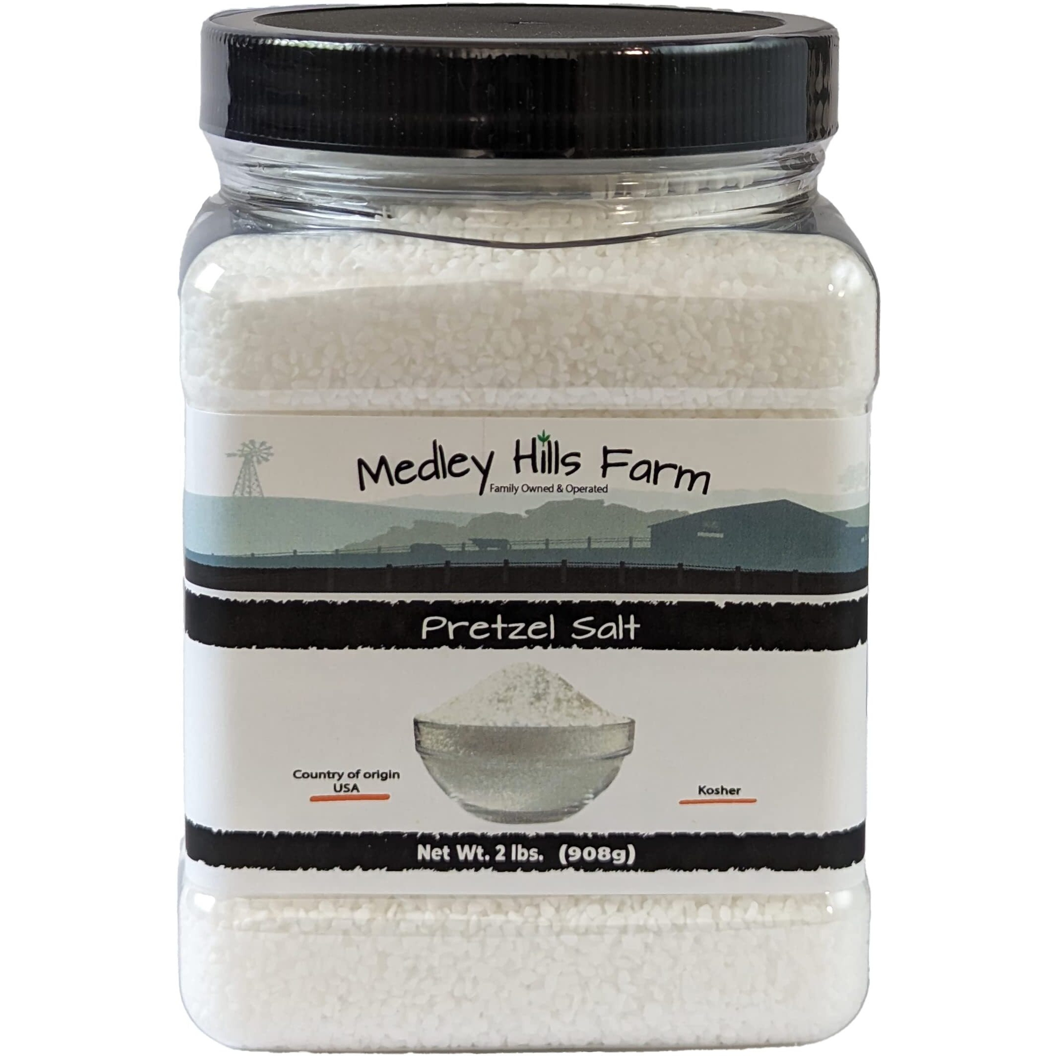 Pretzel Salt By Medley Hills Farm 2 Lbs. In Reusable Container - Heat Resistant Premium Course Pretzel Salt - Great For Soft Pretzels, Bagels - Kosher - Made In Usa