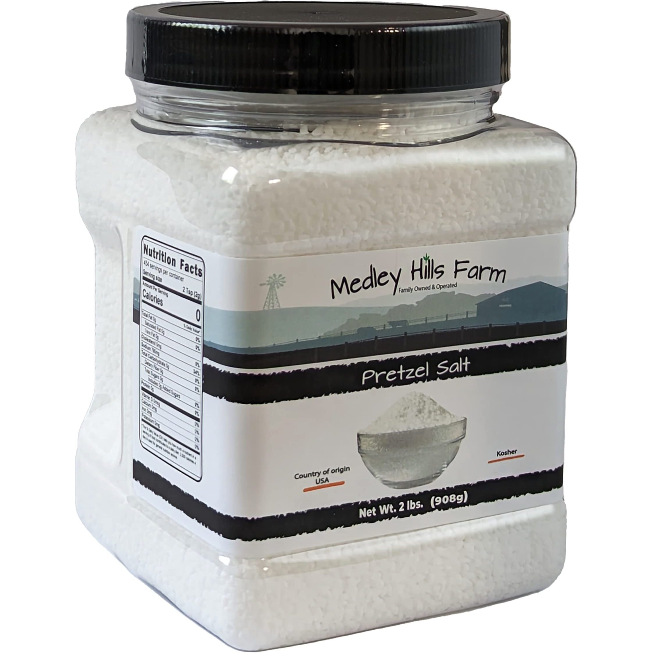 Pretzel Salt By Medley Hills Farm 2 Lbs. In Reusable Container - Heat Resistant Premium Course Pretzel Salt - Great For Soft Pretzels, Bagels - Kosher - Made In Usa
