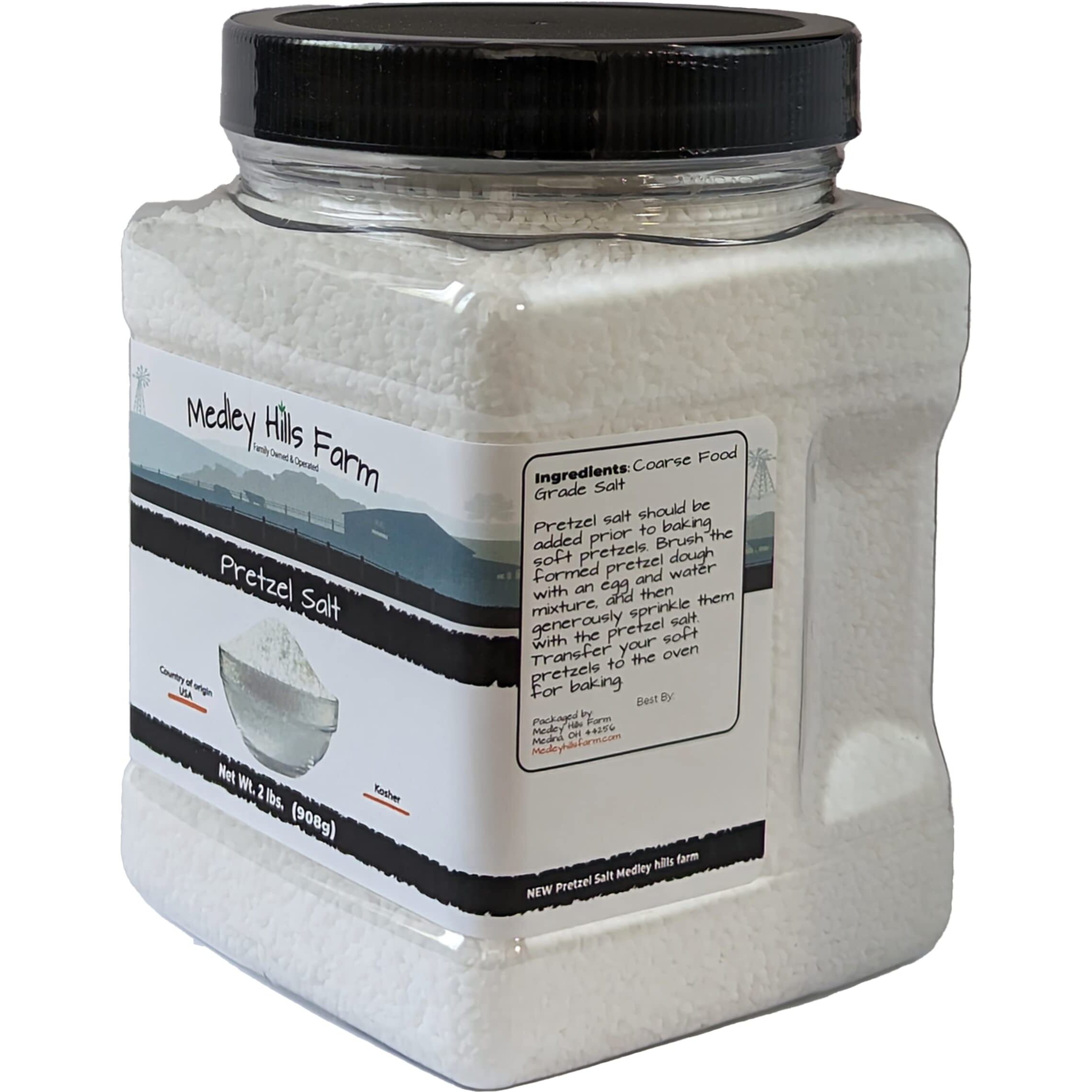 Pretzel Salt By Medley Hills Farm 2 Lbs. In Reusable Container - Heat Resistant Premium Course Pretzel Salt - Great For Soft Pretzels, Bagels - Kosher - Made In Usa