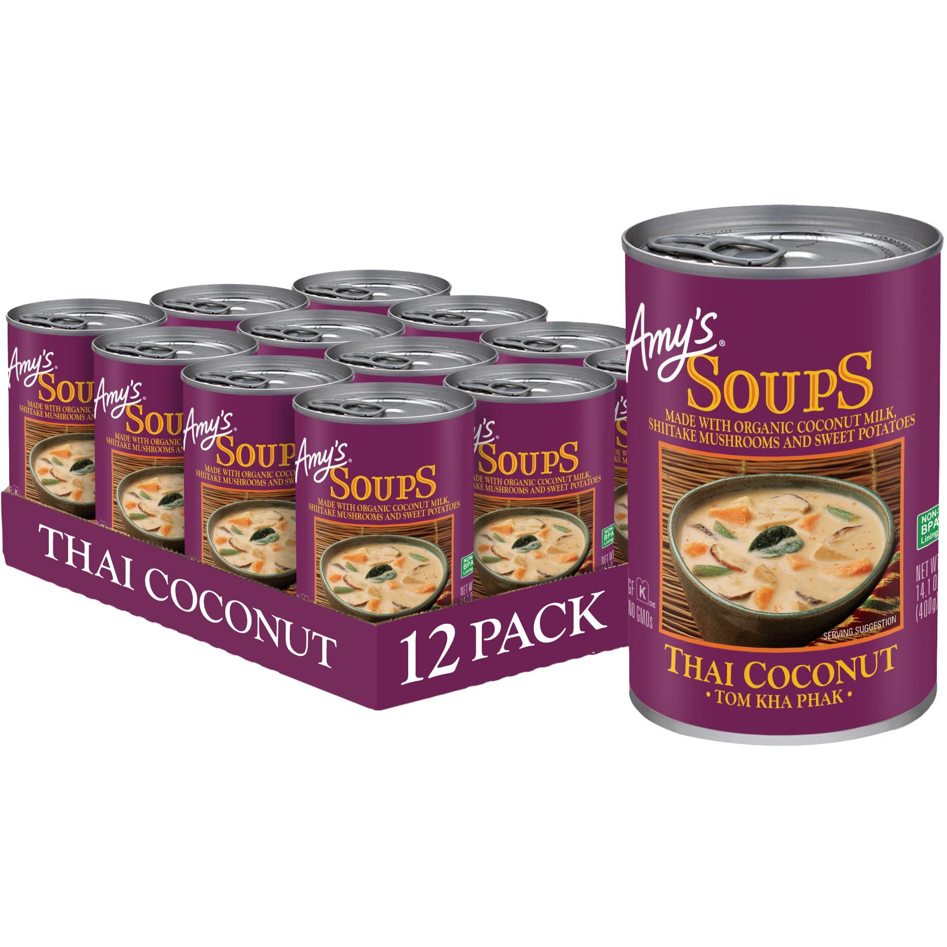 Amy's Soup, Vegan Thai Coconut Soup, Tom Kha Phak, Gluten Free, Made With Organic Coconut Milk & Sweet Potatoes, Canned Soup, 14.1 Oz (12 Pack)