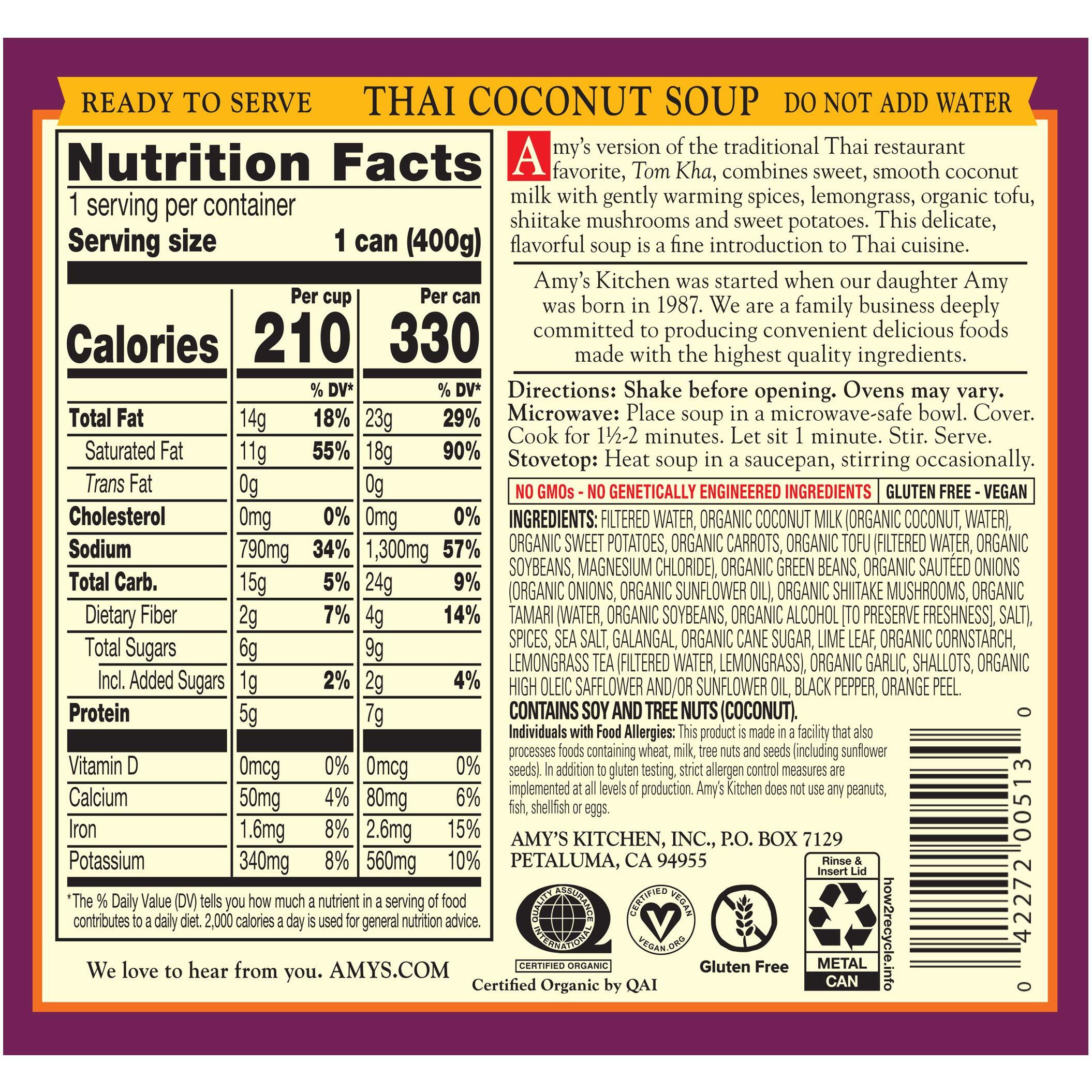 Amy's Soup, Vegan Thai Coconut Soup, Tom Kha Phak, Gluten Free, Made With Organic Coconut Milk & Sweet Potatoes, Canned Soup, 14.1 Oz (12 Pack)